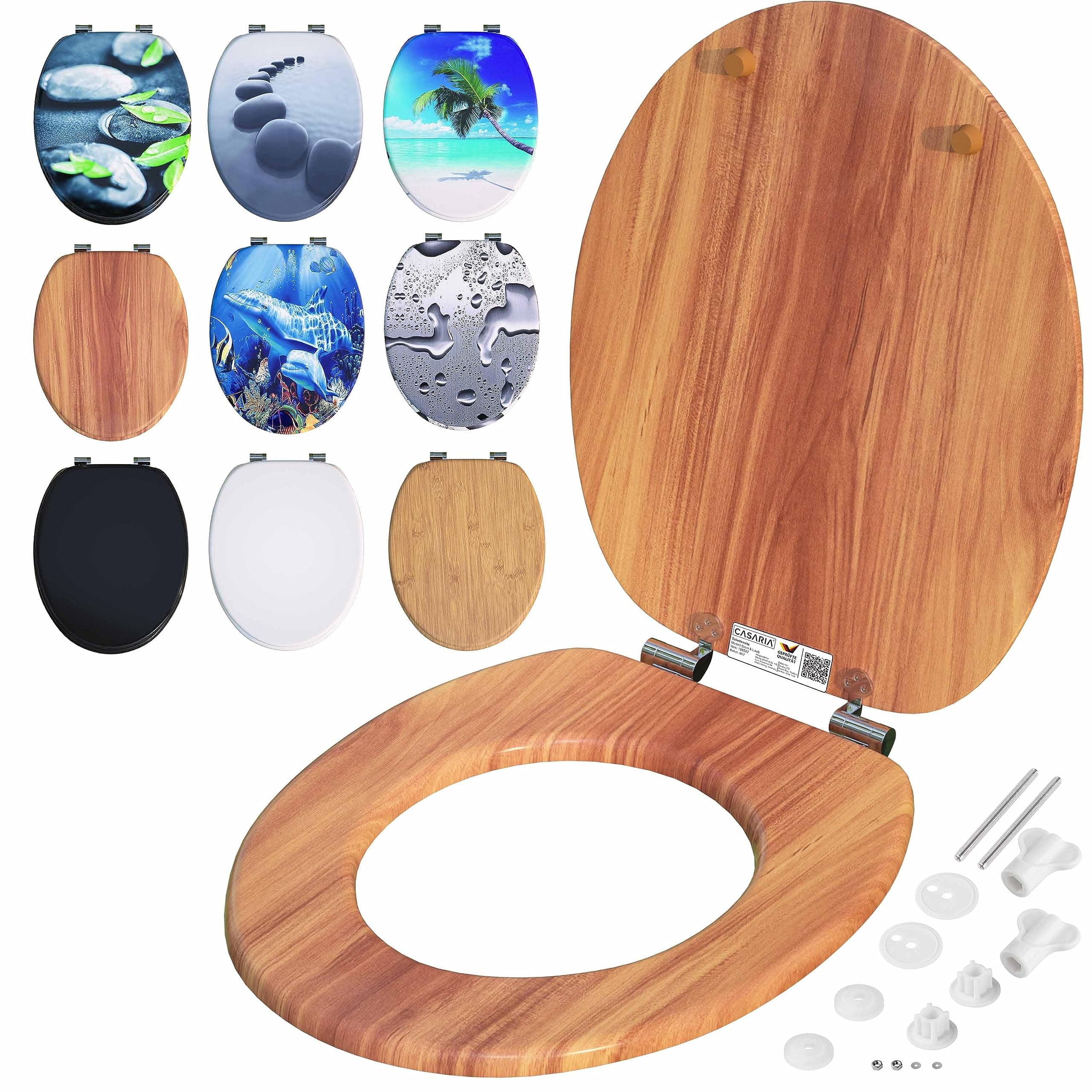 CASARIA® Toilettendeckel mit doppelter Absenkautomatik MDF rostfreie Metall Scharniere WC Sitz 175kg Belastbar Antibakteriell Toilettensitz Holz