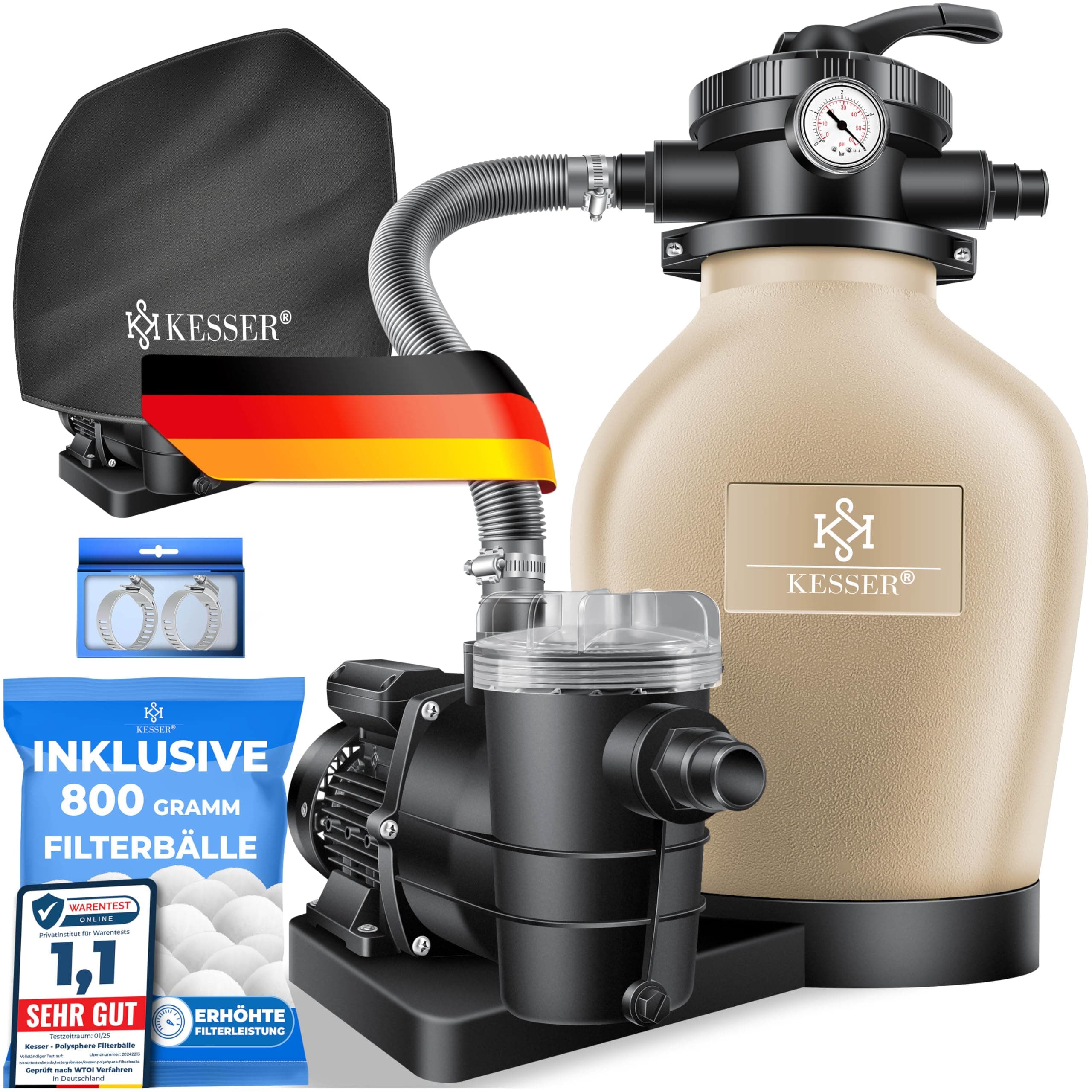 KESSER® Sandfilteranlage Sandfilter+700g Filterbälle ersetzen 25kg Filtersand 7-Wege Ventil mit Druckanzeige Poolfilter 10 m³/h Filteranlage Filterkessel für Pool 10.200 L/h, Inkl. Wettercover,Sand