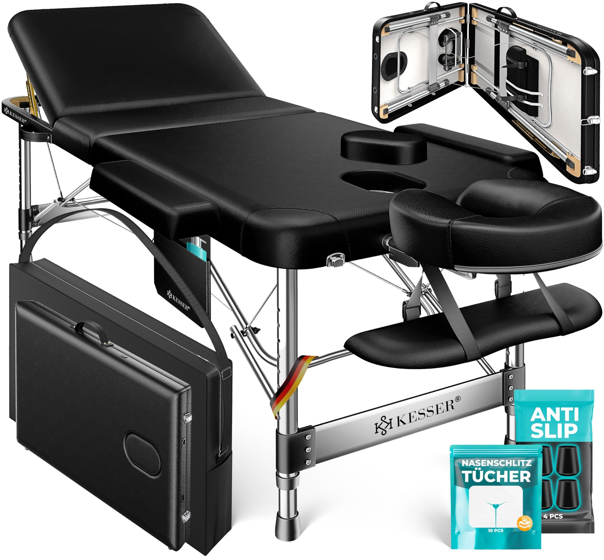 KESSER® Massageliege 3 Zonen bis 250kg, Massagetisch klappbar, verstellbar, tragbarer Koffer, Kosmetikliege, Therapieliege, Zubehör, Alu-Kopfstütze, Armlehne, Tragetasche, Anti Rutsch, 60cm, Schwarz