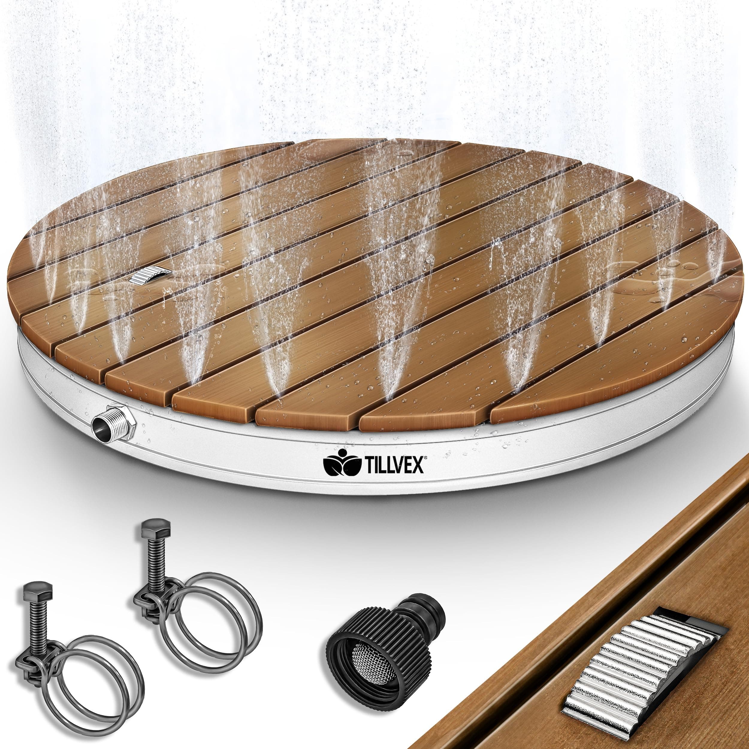 tillvex® Douche de Jardin extérieure jusqu'à 4 m de Hauteur de Jet | Douche au Sol avec pédale | Douche de Camping, Sol antidérapante | Douche de Sauna résistante aux intempéries (Rond)