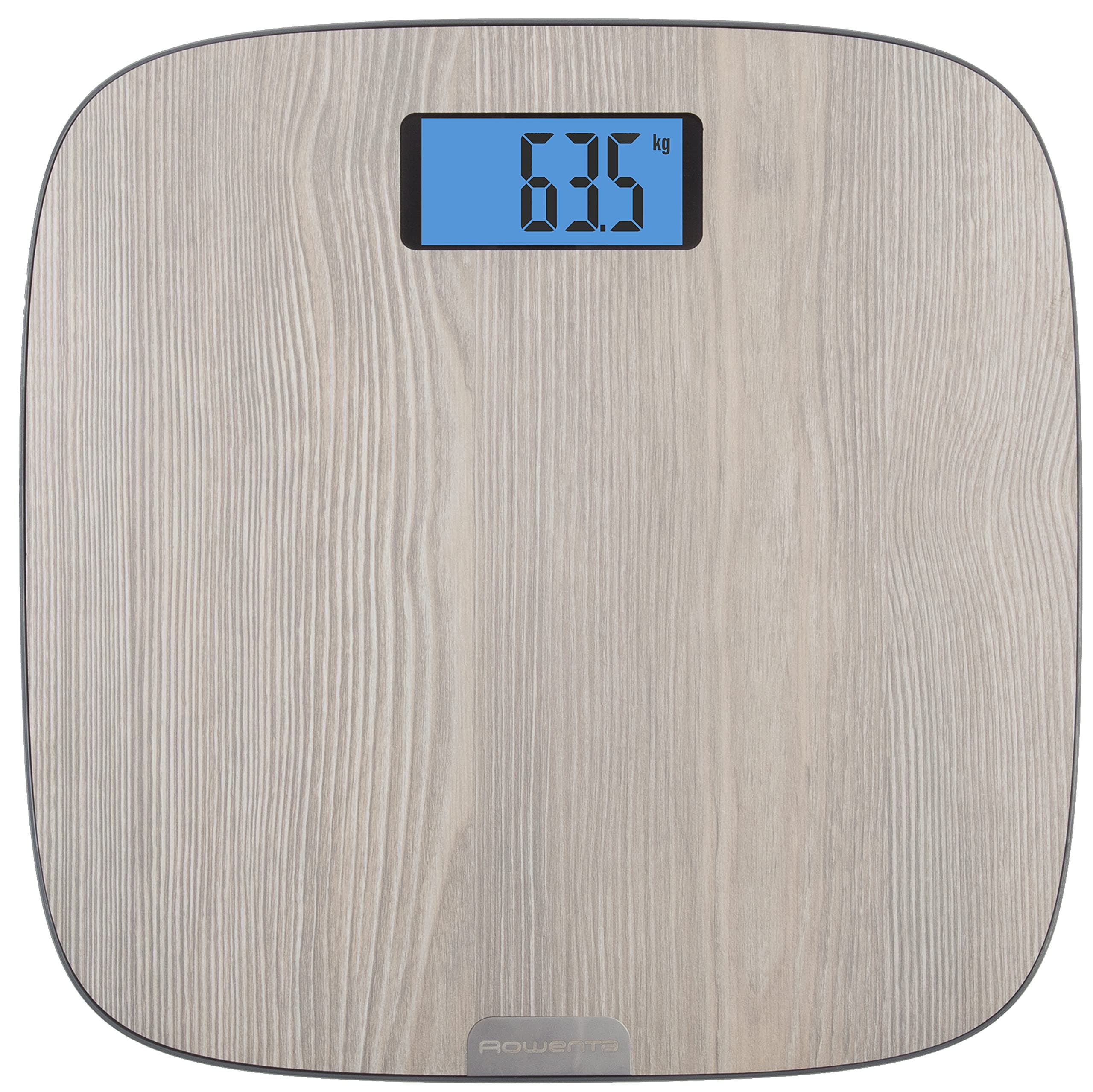 Rowenta BS1600 Origin Bilancia Pesapersone Digitale, 31x31 cm, Max 160kg, Design Ultrasottile Effetto Legno, Graduazione di Precisione Ogni 100g, Accensione Automatica, Ampio Display,