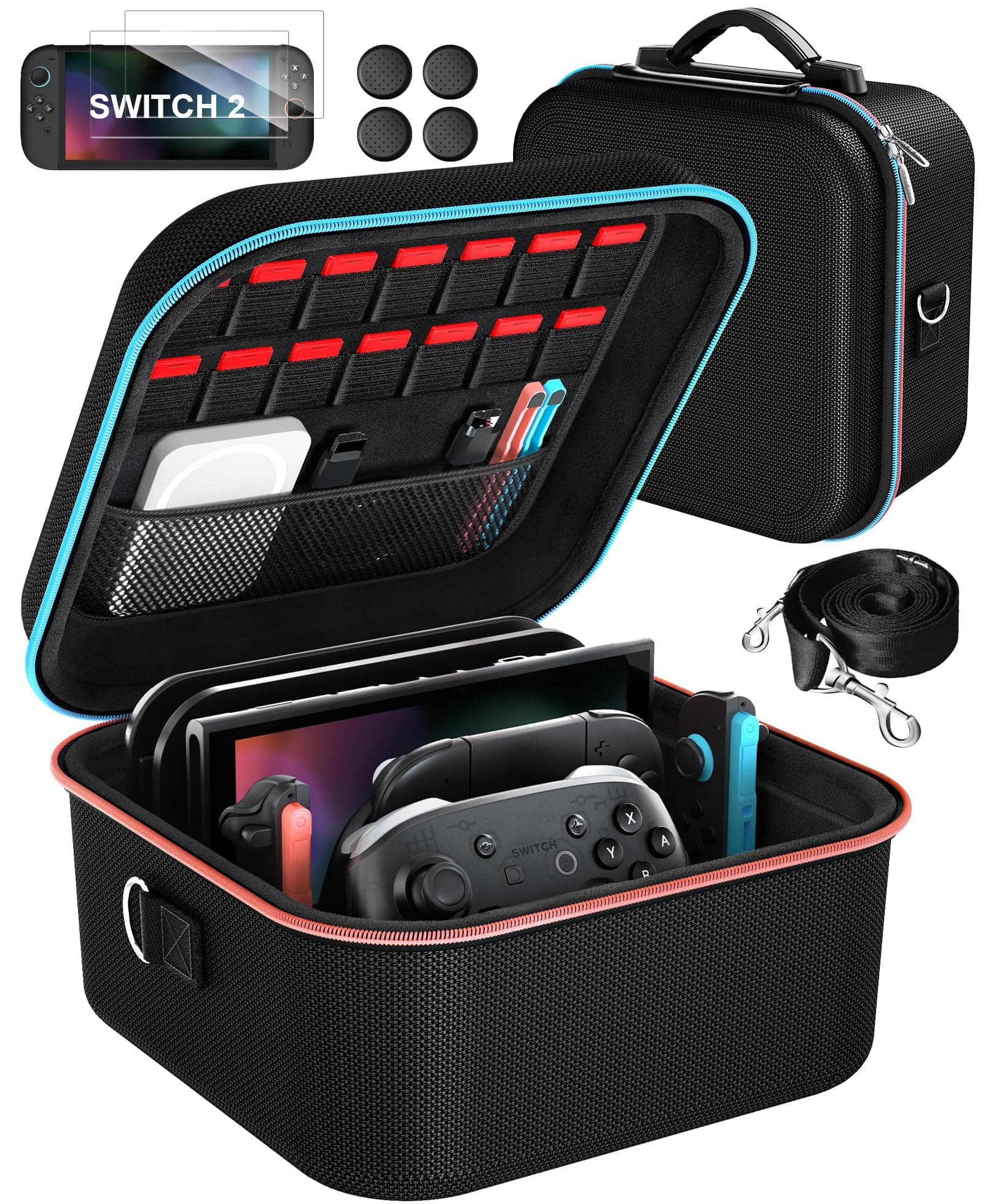ivoler Funda de Transporte Compacto para Nintendo Switch 2 (2025), Estuche Rígida con Protector de Pantalla y Agarre para el Pulgar, Capacidad para 14 Cartuchos de Juego e Incluye Correa, Negro