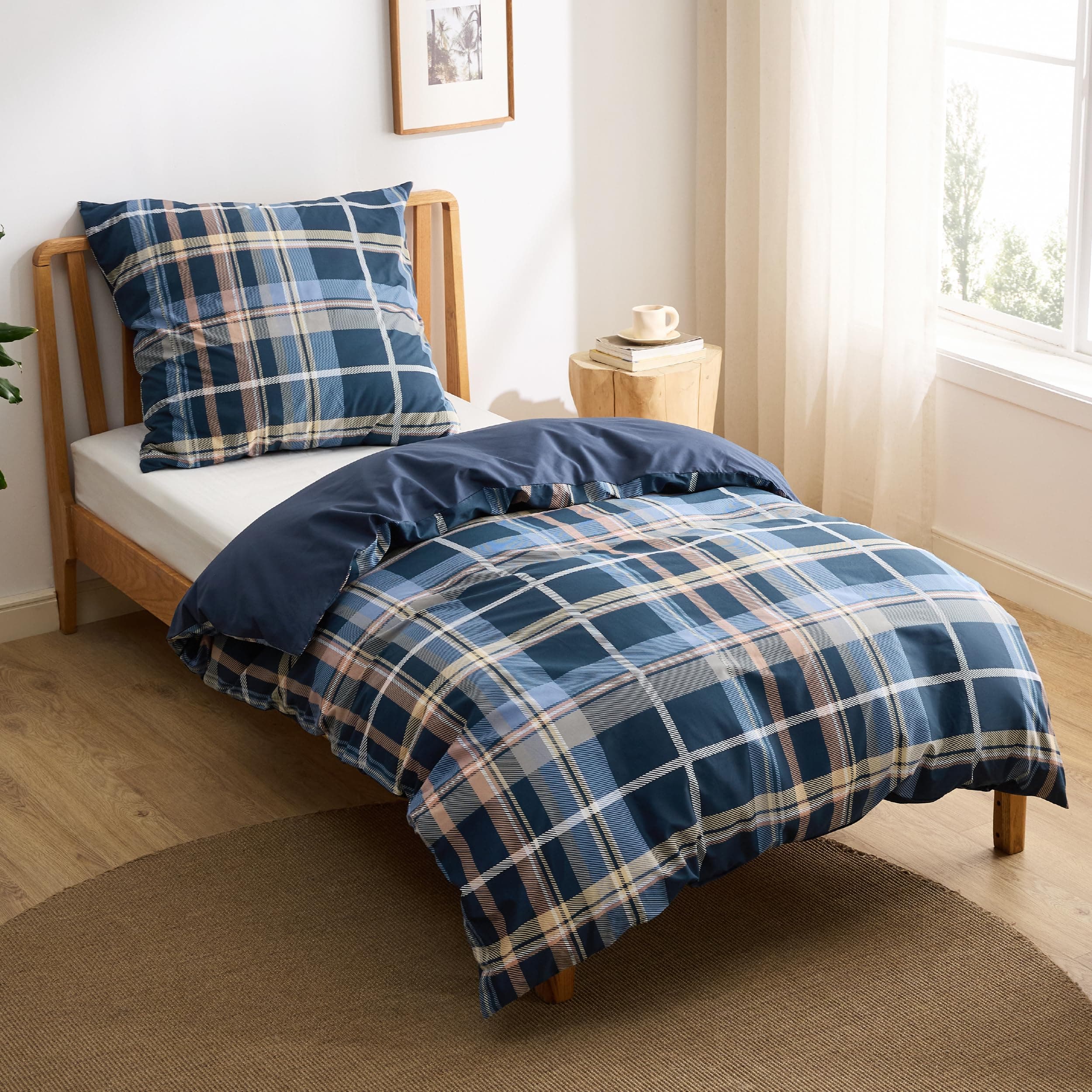 BEDSURE Bettwäsche 135x200 Baumwolle Bettbezug - Bettwäsche-Sets 135 x 200 cm 2teilig mit Kissenbezug 80x80 cm, ÖKO-TEX Wendebettwäsche Bedding mit Reißverschluss Blau Kariert Muster