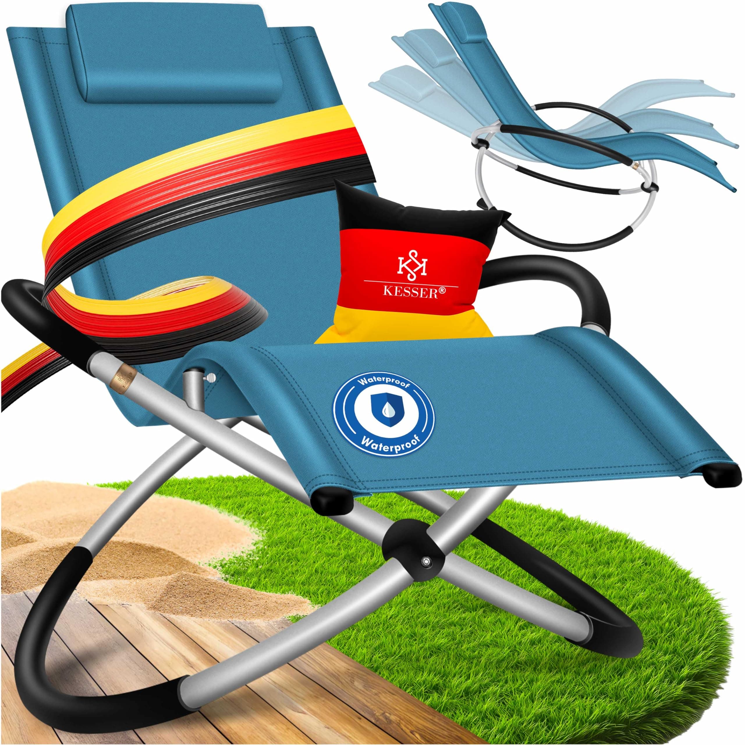 KESSER® Relaxliege Liegestuhl | Gartenliege Sonnenliege | Gartenstuhl | Klappstuhl faltbar | Schwungliege | Schaukelsessel | ergonomische Relaxsessel | wetterfest | 180 kg Belastung, Petrol Blau