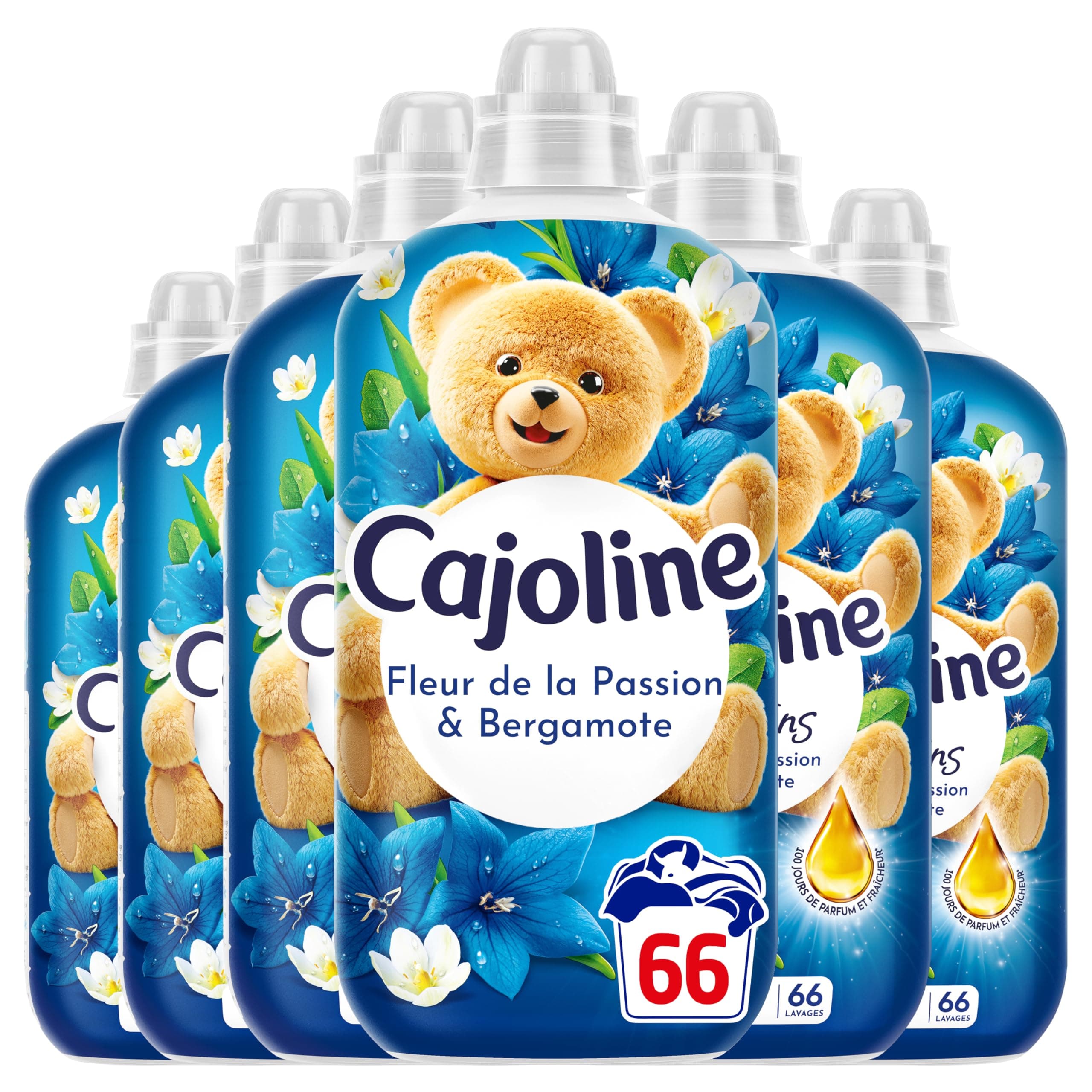 Cajoline Adoucissant linge liquide Fleur de la Passion & Bergamote Créations parfum et fraîcheur - 396 lavages - Lot de 6x66 lavages -1,386L