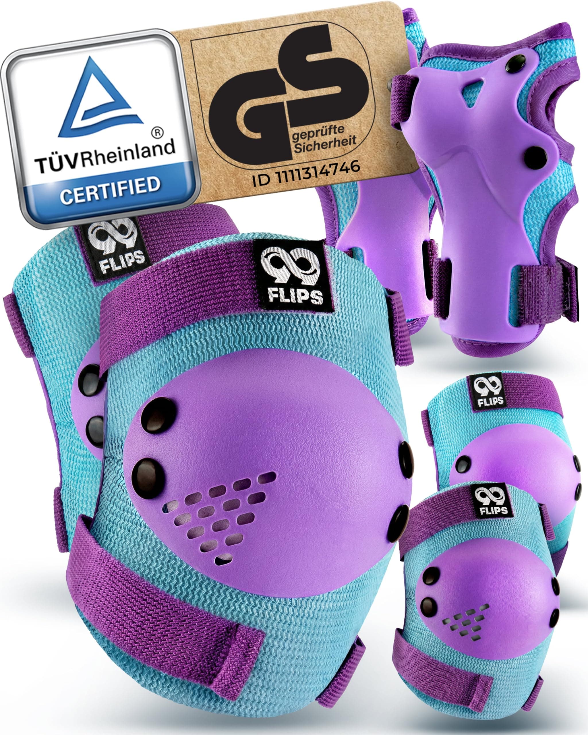 99FLIPS Protezioni Pattini Bambina 3-12 Anni - Ginocchiere Bambino, Gomitiere e Protezioni per le Mani [Set da 6 Pezzi] - Protezione Skateboard, Monopattini e Pattini a Rotelle