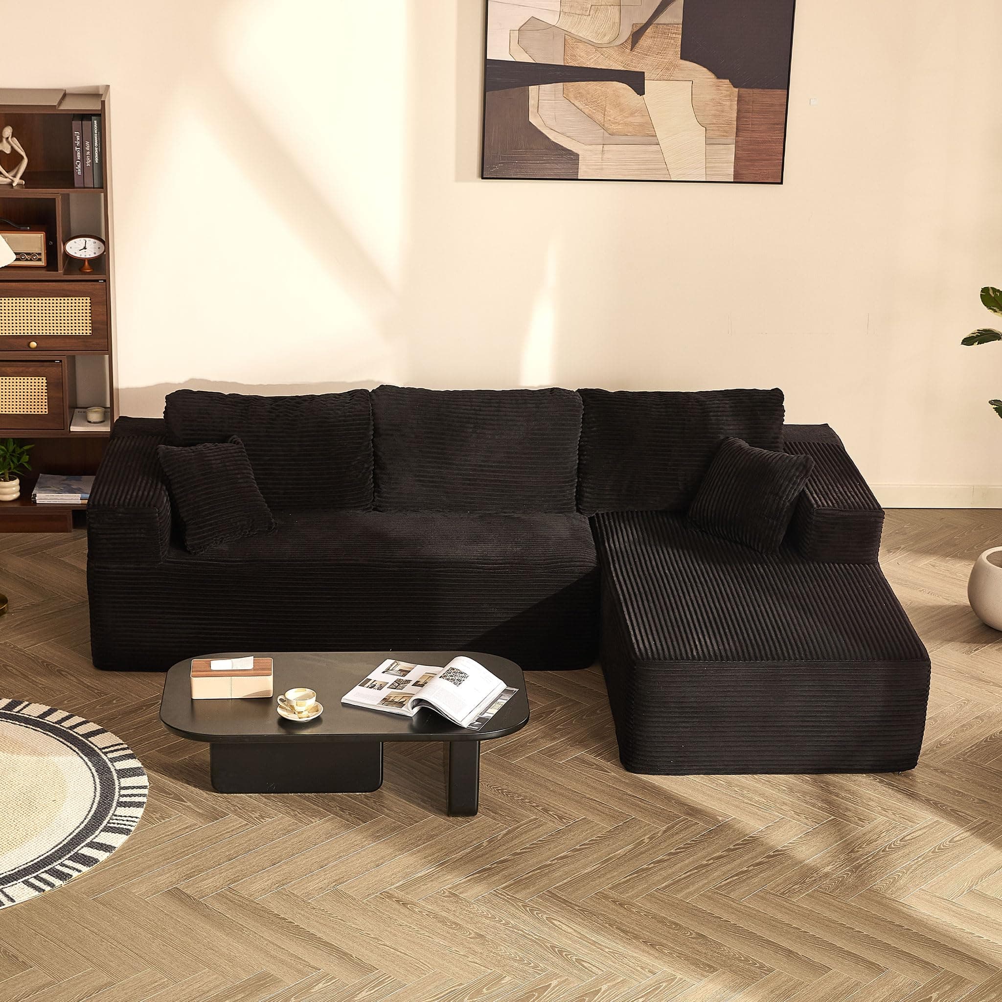 Litbird Sofá esquinero Modular en L con función Cama y Chaise Longue Derecha – Tapizado en Pana, Asiento Profundo – Sofá Cama para salón – Sin Montaje (Negro, Chaise Longue Derecha (Frente))