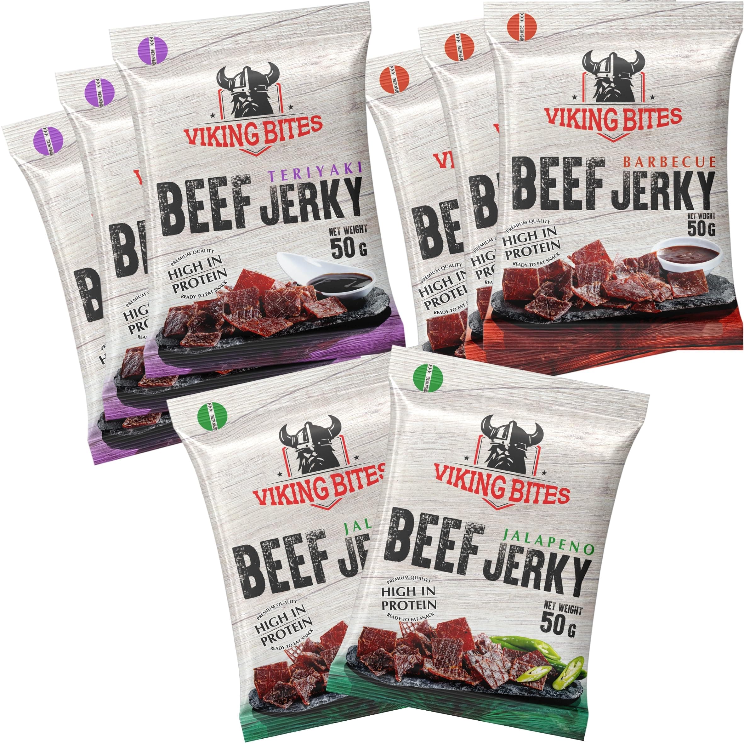 Viking Bites Beef Jerky Mixed box 400 g (8 x 50g) – 3x Barbecue, 3x Teriyaki, 2x Jalapeno - Bœuf séché - En-cas à base de viande riche en protéines
