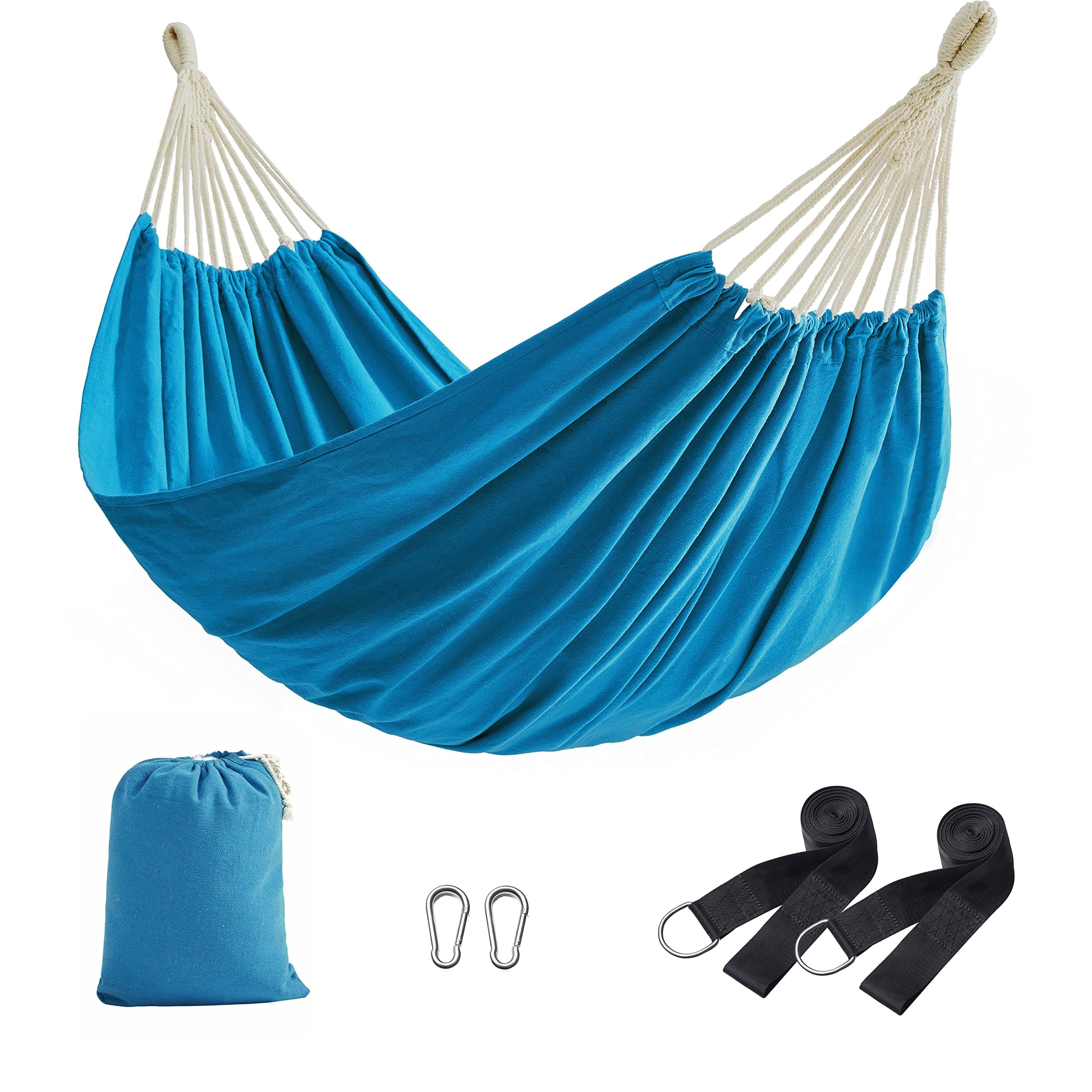 SONGMICS Amaca, 210 x 150 cm, Amaca Doppia, Max Portata 300 kg, per Giardino Terrazzo Balcone Esterno Campeggio, con Borsa da Trasporto, Cinghie di Fissaggio e Moschettoni, Azzurro GDC15BU