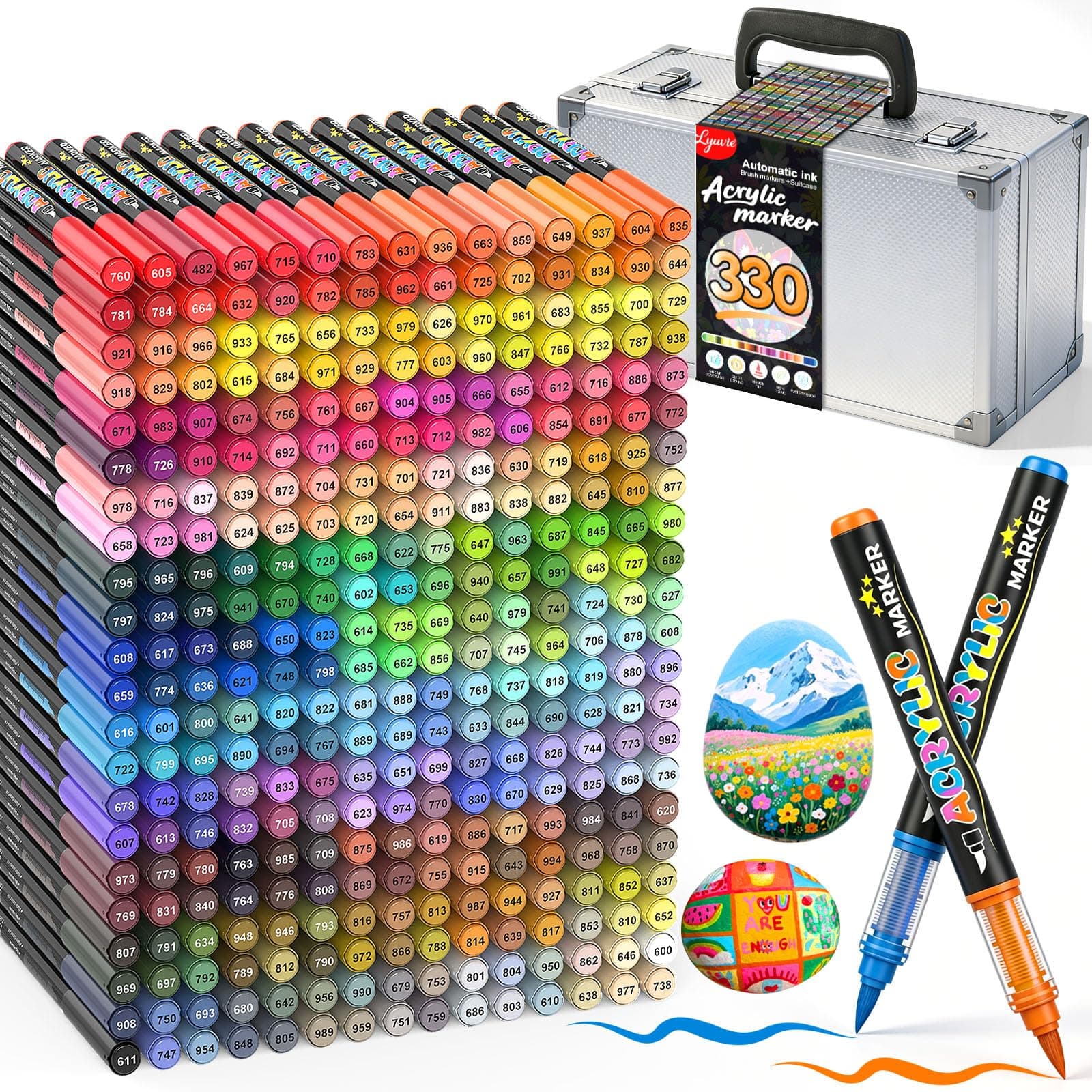 Lyuvie 330 Colours Feutre Acrylique, Acrylic Paint Brush Marker à Peinture à Base D'eau, Marqueur Peinture Acrylique pour la Peinture sur Pierre,Bois,Galets,Papier, Tissu,Verre, Plastique