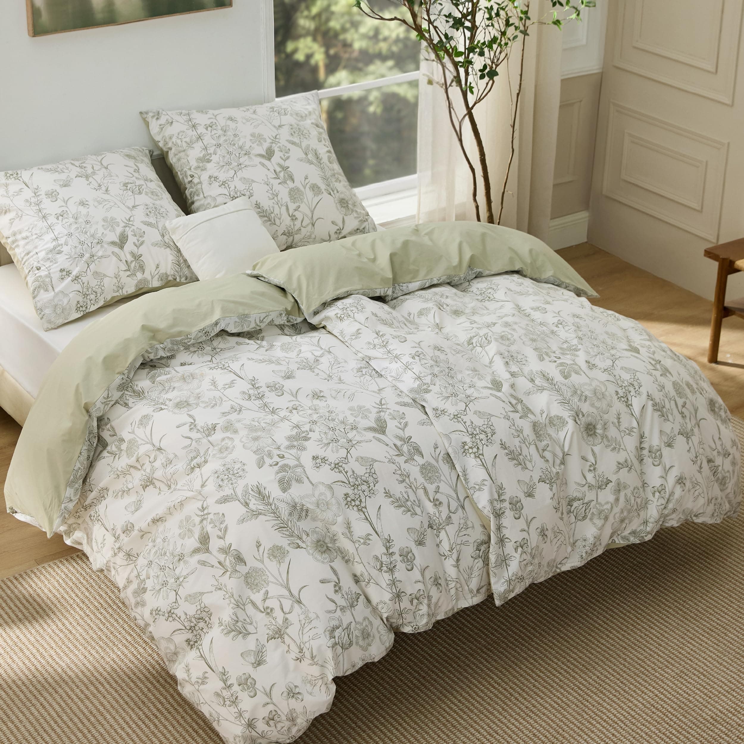 BEDSURE Bettwäsche 135x200 4teilig Baumwolle - Bettwäsche-Sets 2er Set Bettbezug mit 2 Kissenbezüge 80x80 cm, ÖKO-TEX Wendebettwäsche Bedding Pflanzen Muster mit Reißverschluss