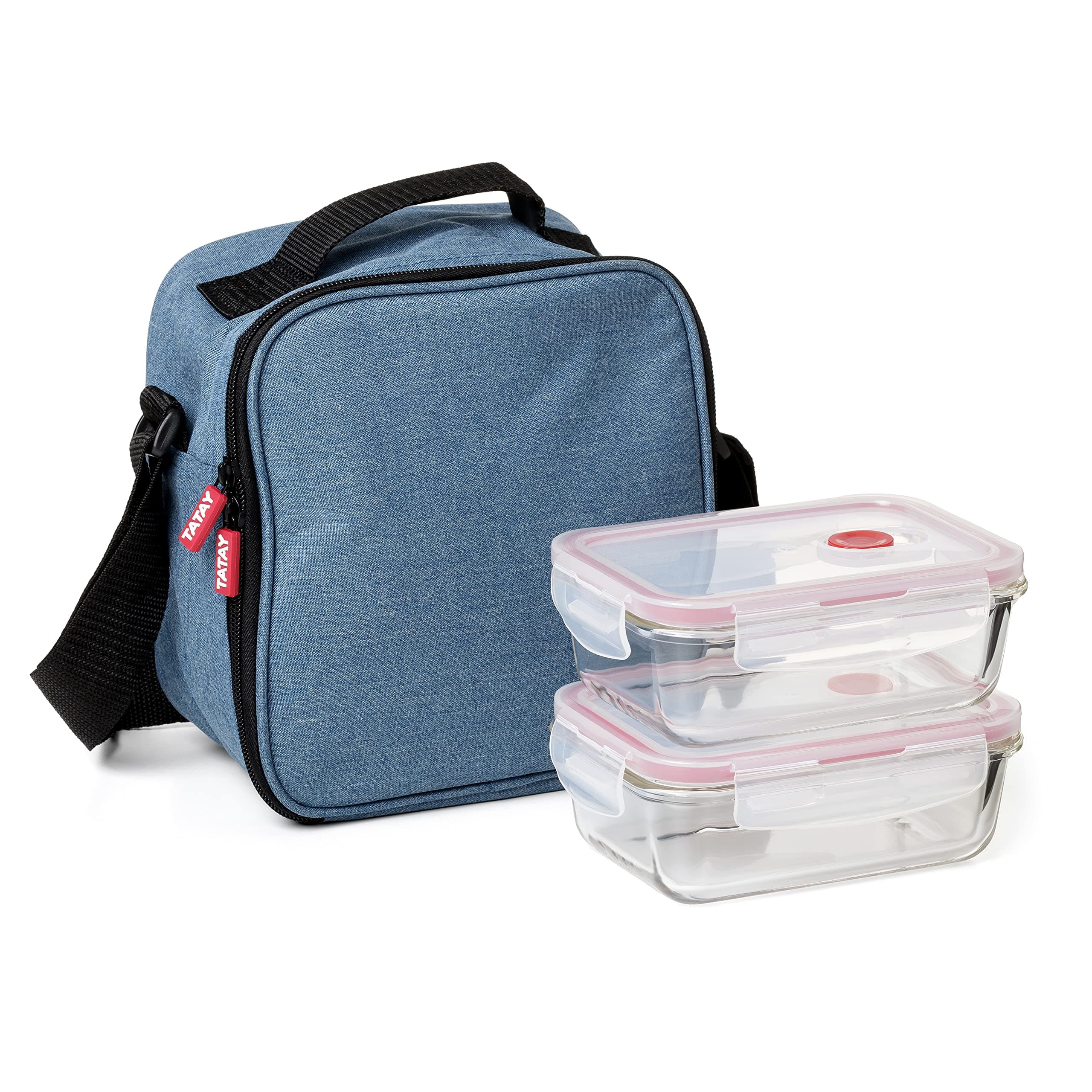Tatay Bolsa Termica Porta Alimentos Impermeable - Urban Food Casual Glass 3,5L | 2 Tapers de Cristal 0,57L | Triple Capa Aislante | Cuerpo Semirrígido | Bolsillo Interior | 22x12x21,5cm, Azul Denim