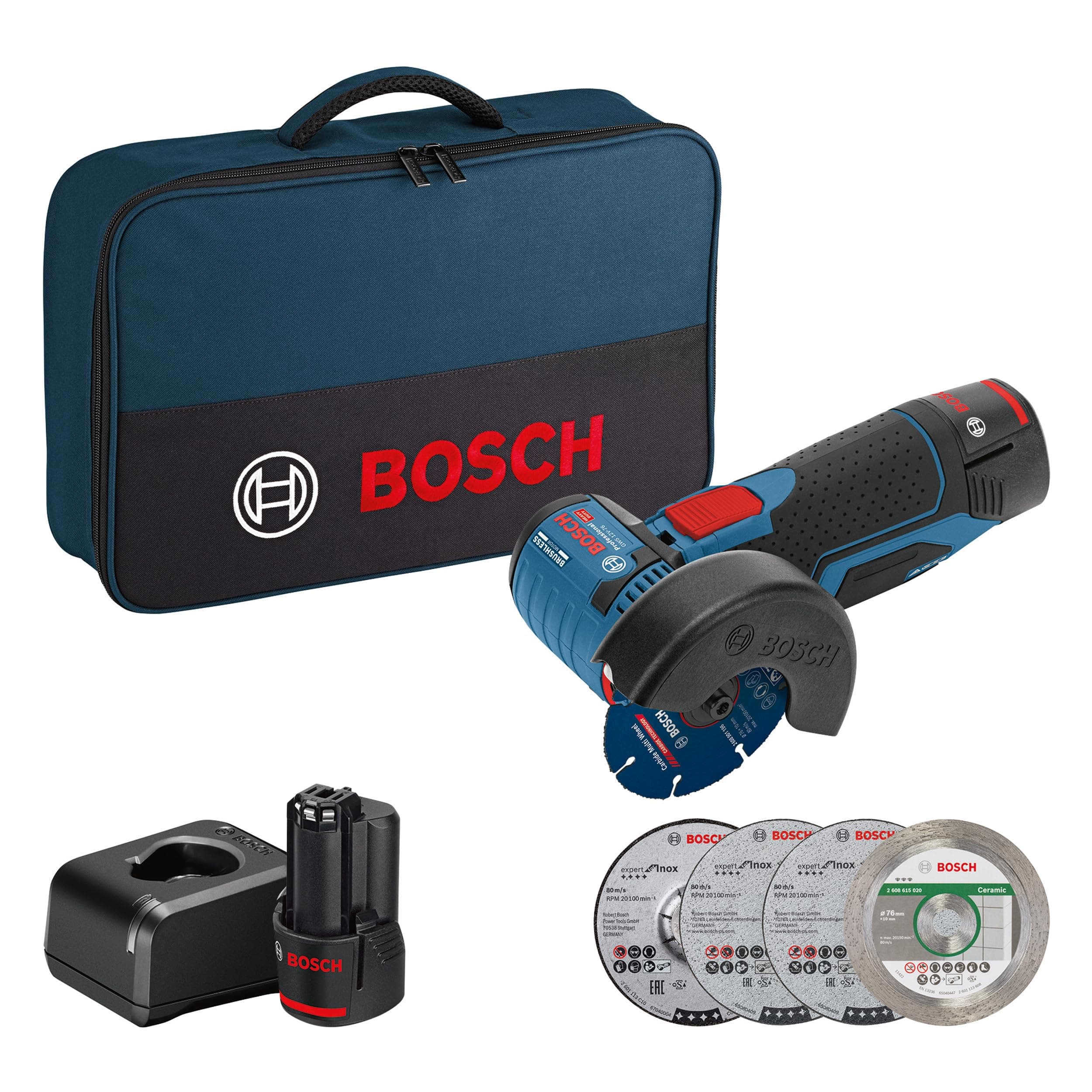 Bosch Professional 12V System meuleuse angulaire sans-fil GWS 12V-76 (avec 2 batteries de 2,0 Ah, set disques à tronçonner/meules à ébarber 5 pièces, sacoche)