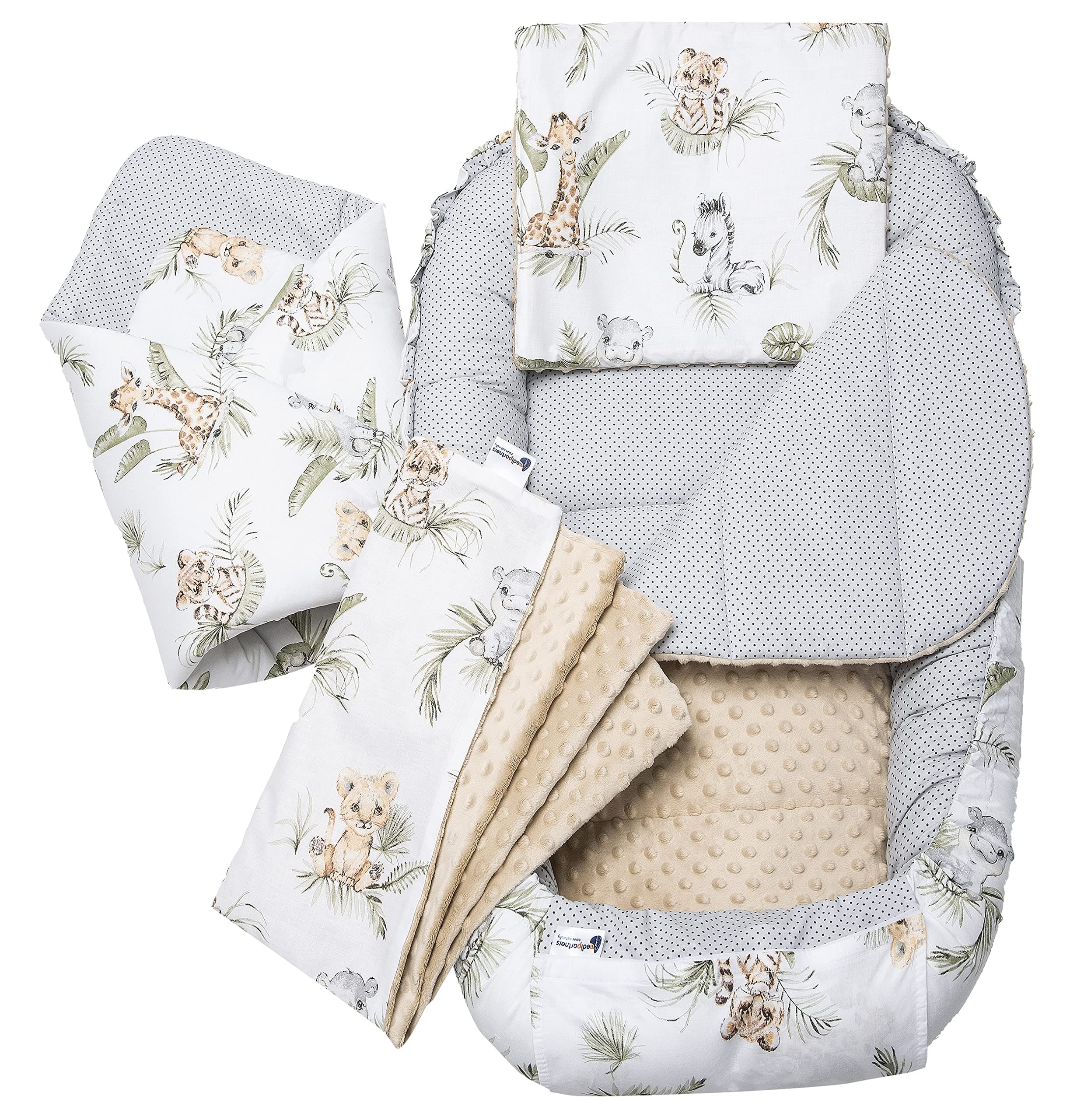 Medi Partners Riduttore Lettino Neonato - 100x60x15 Nido Antisoffoco Neonati 5-Parti Bozzolo Culla per Bebè neonata bilaterale Cuscino 100% Cotone (Safari con Minky beige)