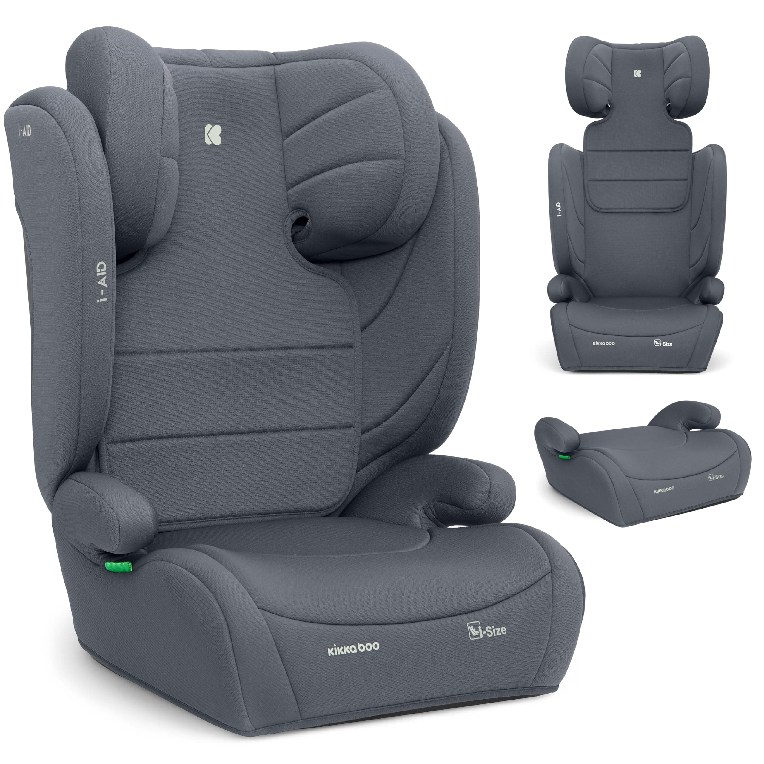KikkaBoo Silla Coche Grupo 3 (15-36 kg, 100-150 cm) i-AID, Silla Para Niño sin ISOFIX, i-Size, De 3,5 a 12 Años, 13 Posiciones Reposacabezas, Gris