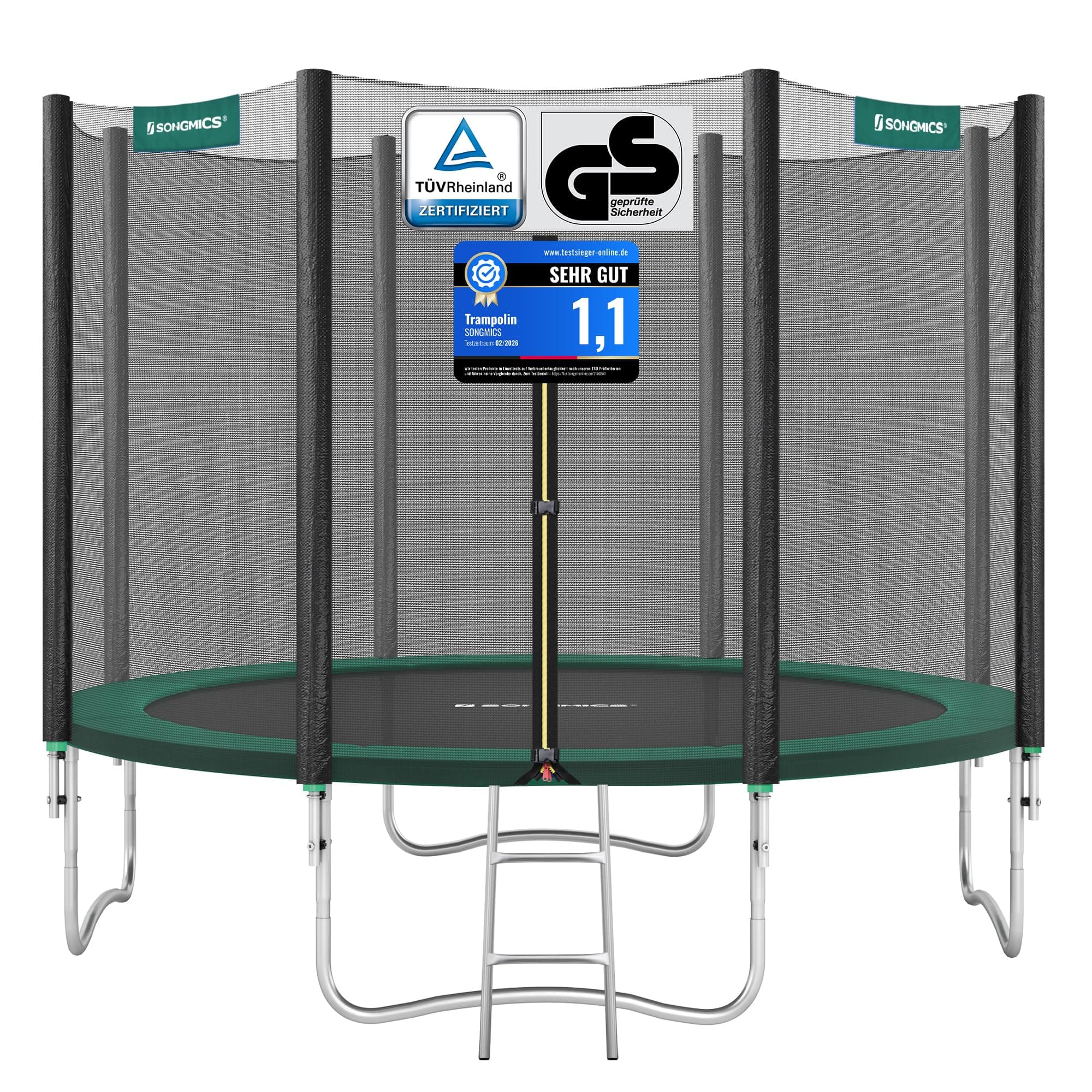 SONGMICS Trampolin Outdoor Ø 183/244/305/366/427 cm, rundes Gartentrampolin Kindertrampolin mit Randabdeckung, mit Sicherheitsnetz, mit Leiter und gepolsterten Stangen