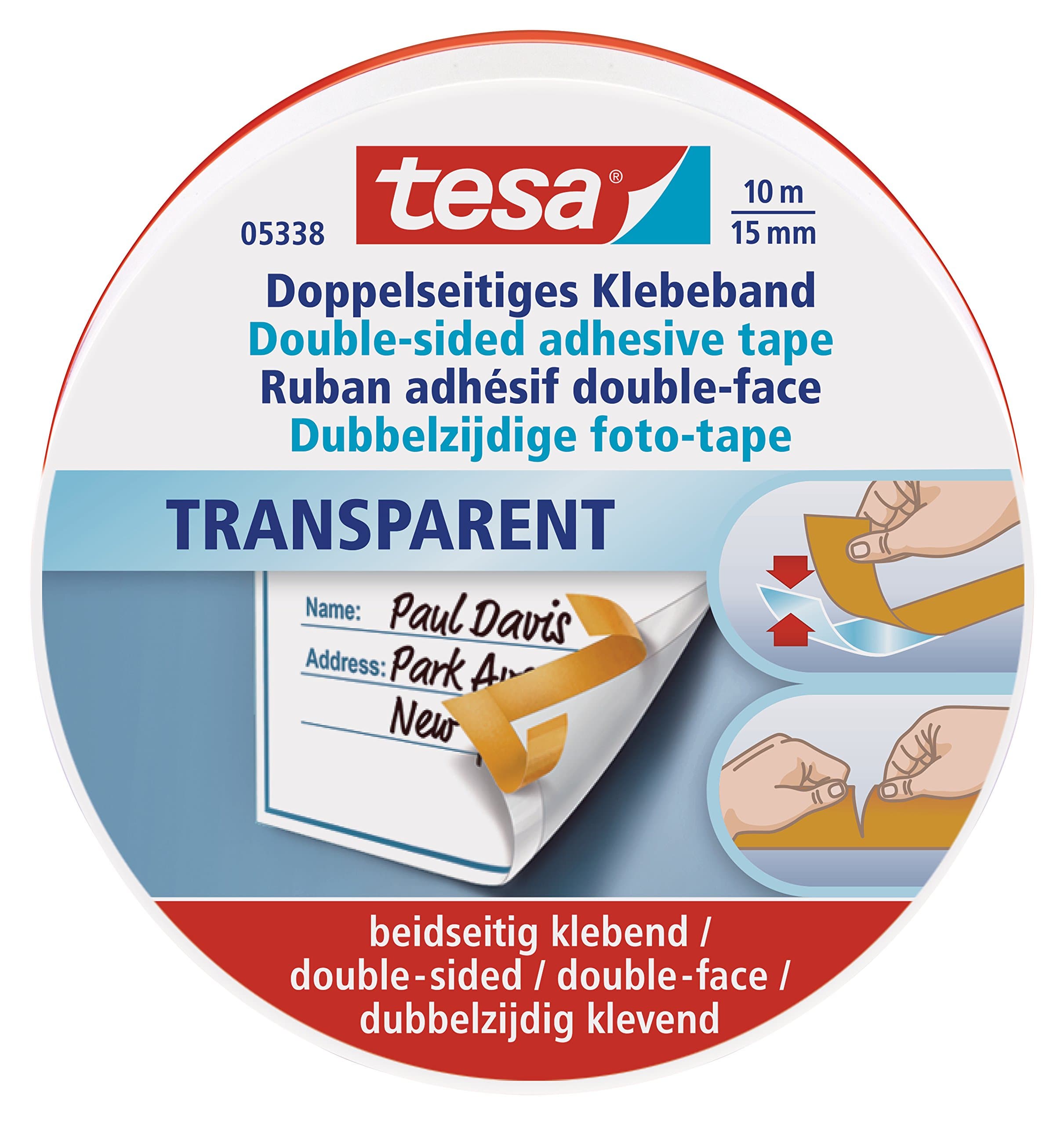 tesa Doppelseitiges Klebeband extra dünn, stark klebend, von Hand einreißbar, ideal für Bastelarbeiten, 10m x 15mm, in hochwertiger Metalldose