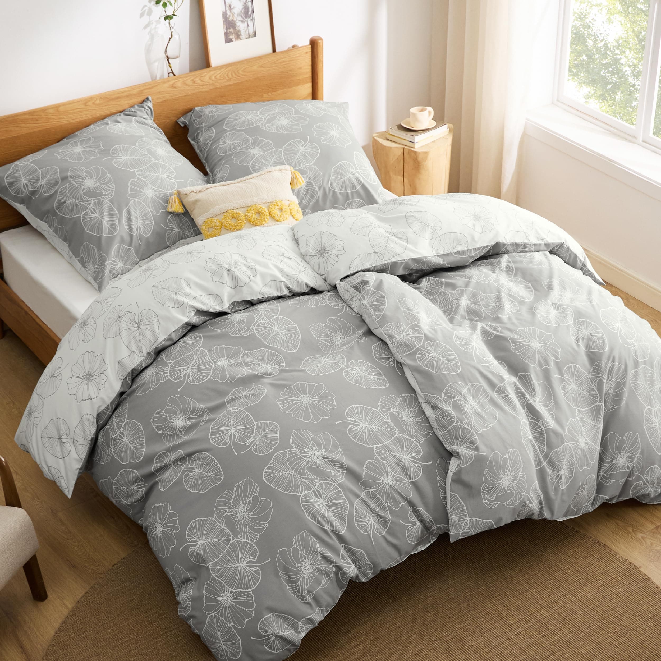 BEDSURE Bettwäsche 135x200 4teilig Baumwolle - Bettwäsche-Sets 2er Set Grau Bettbezug mit 2 Kissenbezüge 80x80 cm, ÖKO-TEX Wendebettwäsche Bedding mit Reißverschluss Ginkgo Muster