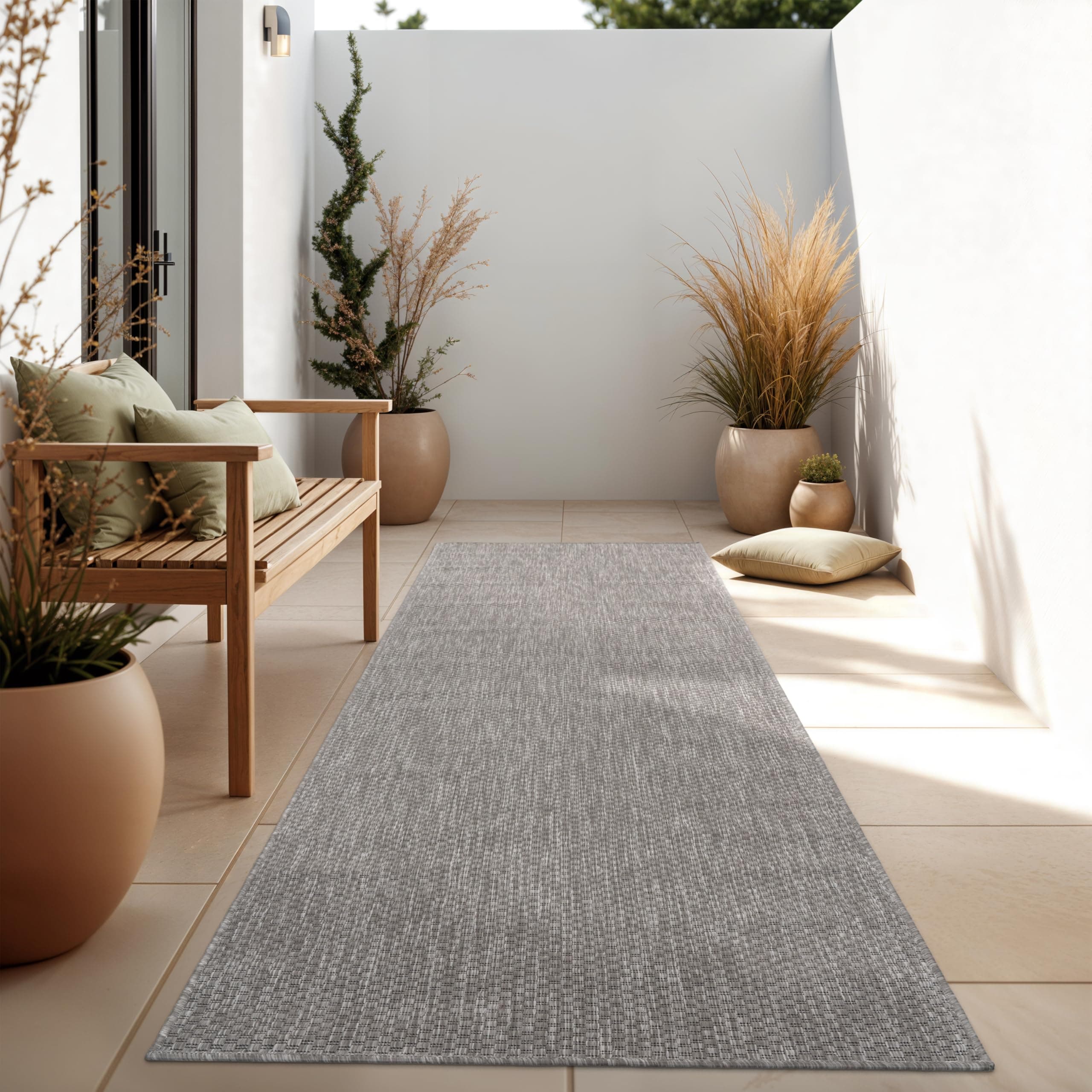 Paco Home Outdoor Teppich, Wetterfest Pflegeleicht Küchenteppich Ideal für Terrasse Balkon Garten, Flachgewebe Sisaloptik Modern Einfarbig meliert, Grösse:80x250 cm, Farbe:Grau