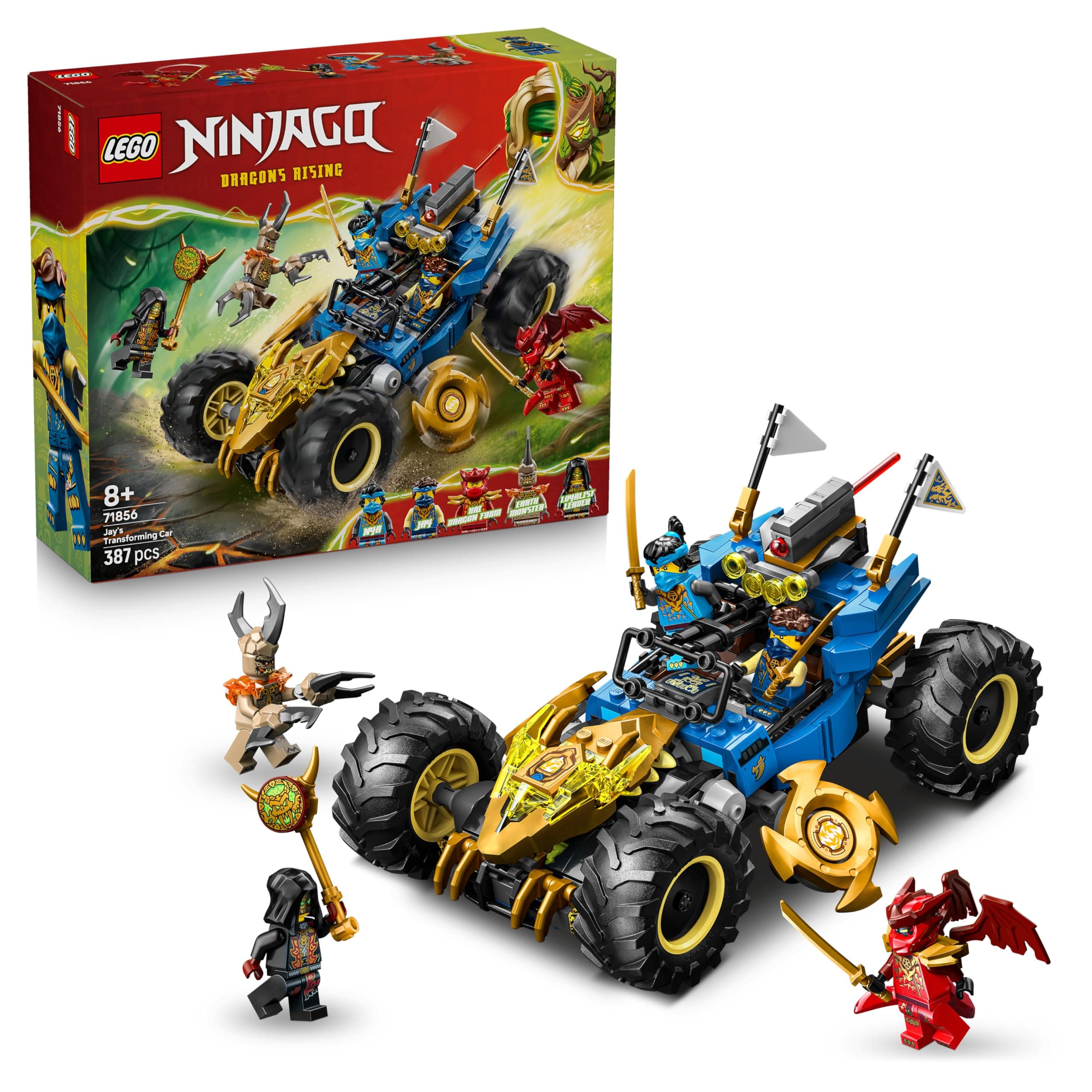 LEGO Ninjago 2en1 Coche Transformable de Jay - Camión con 5 Minifiguras Inc. Kai y NYA - Armas Ninja Inc. Shuriken, Espadas Catana de Juguete - Regalo para Niños de 8+ Años y Fans de la Serie - 71856