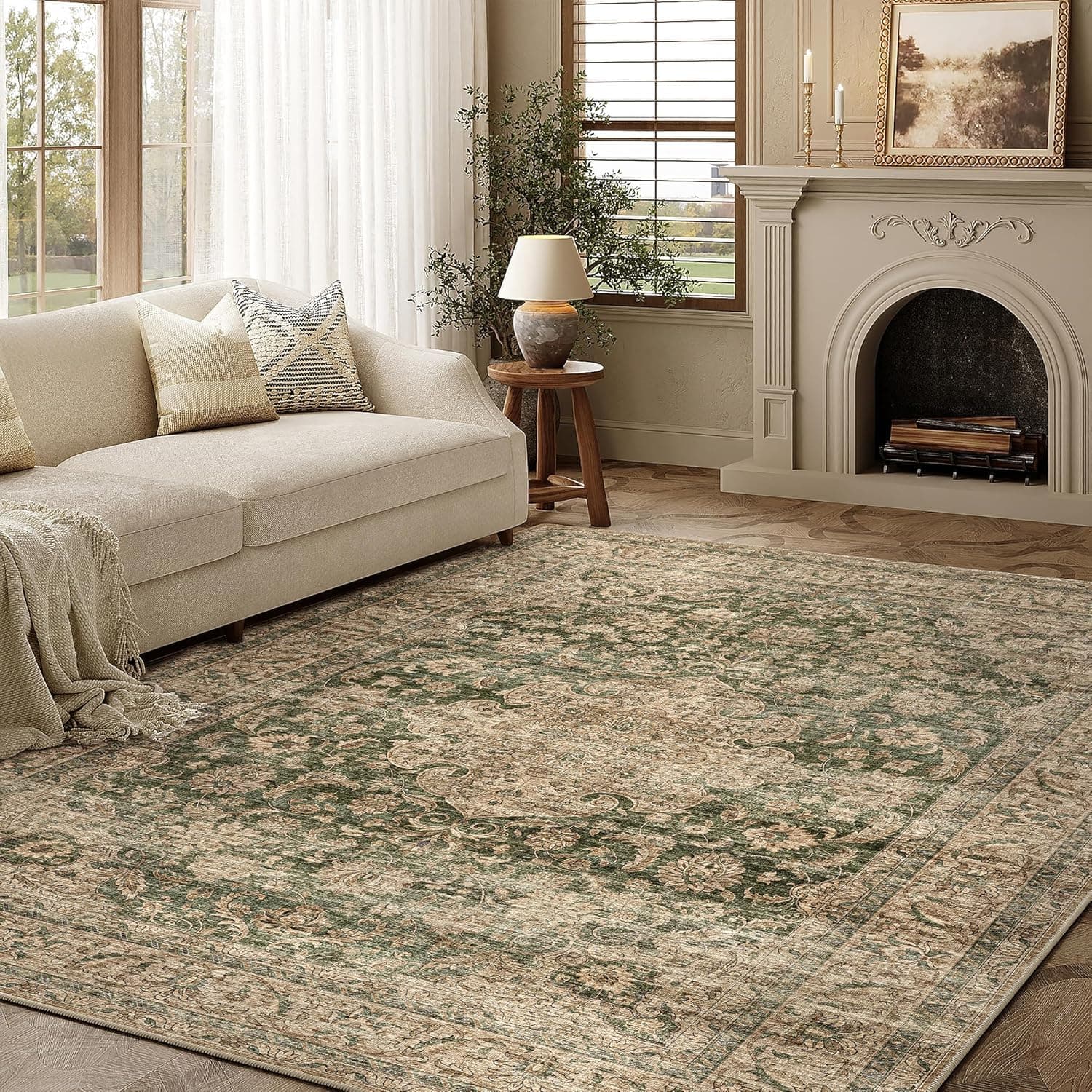 HUGEAR Verde Vintage Tappeto Grande Salotto Tappeti 140x200cm Antiscivolo Lavabili in Lavatrice Camera da Letto Sala Cameretta Bambino Scendiletto Casa Esterno Morbido Pelo Corto