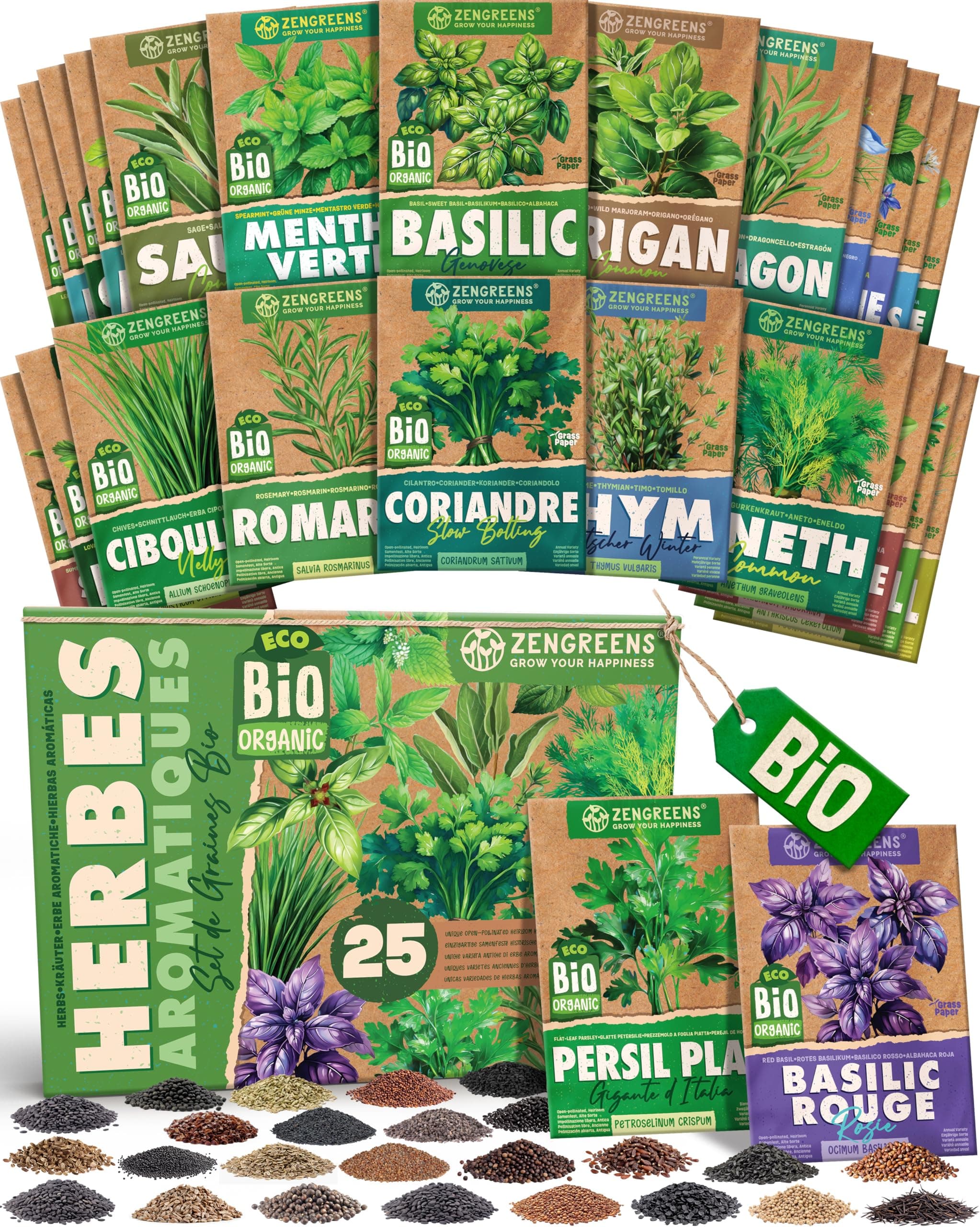 ZenGreens® - Kit de graines de herbes aromatiques bio - 25 variétés pour une culture facile dans le jardin, sur le balcon ou dans une jardinière surélevée - Semences légumes