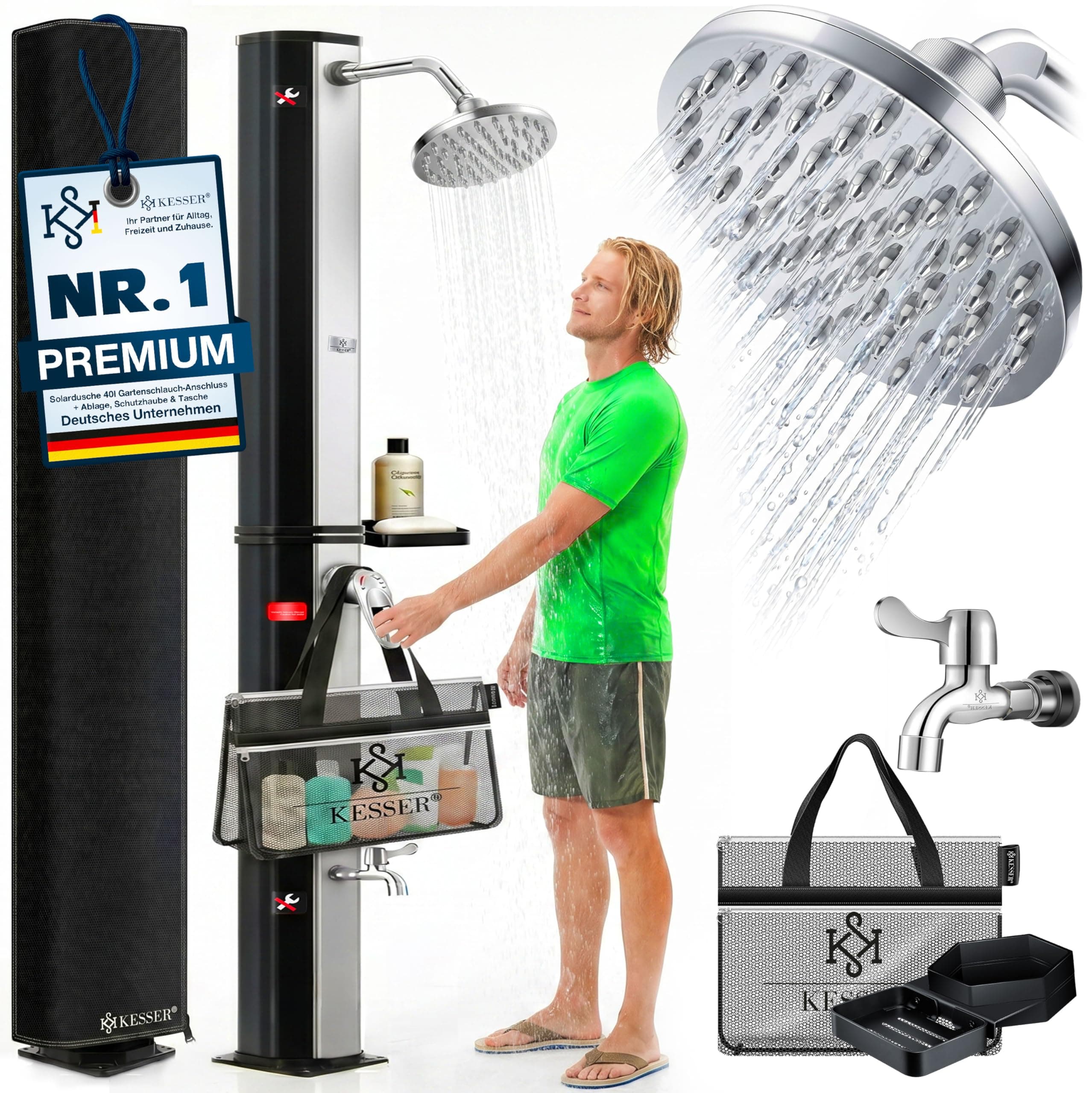 Kesser® Douche solaire de jardin 40 litres avec support de douche en métal et housse de protection | eau chaude | max. 60°C | Douche de piscine et de camping | Tête de douche à effet de pluie et