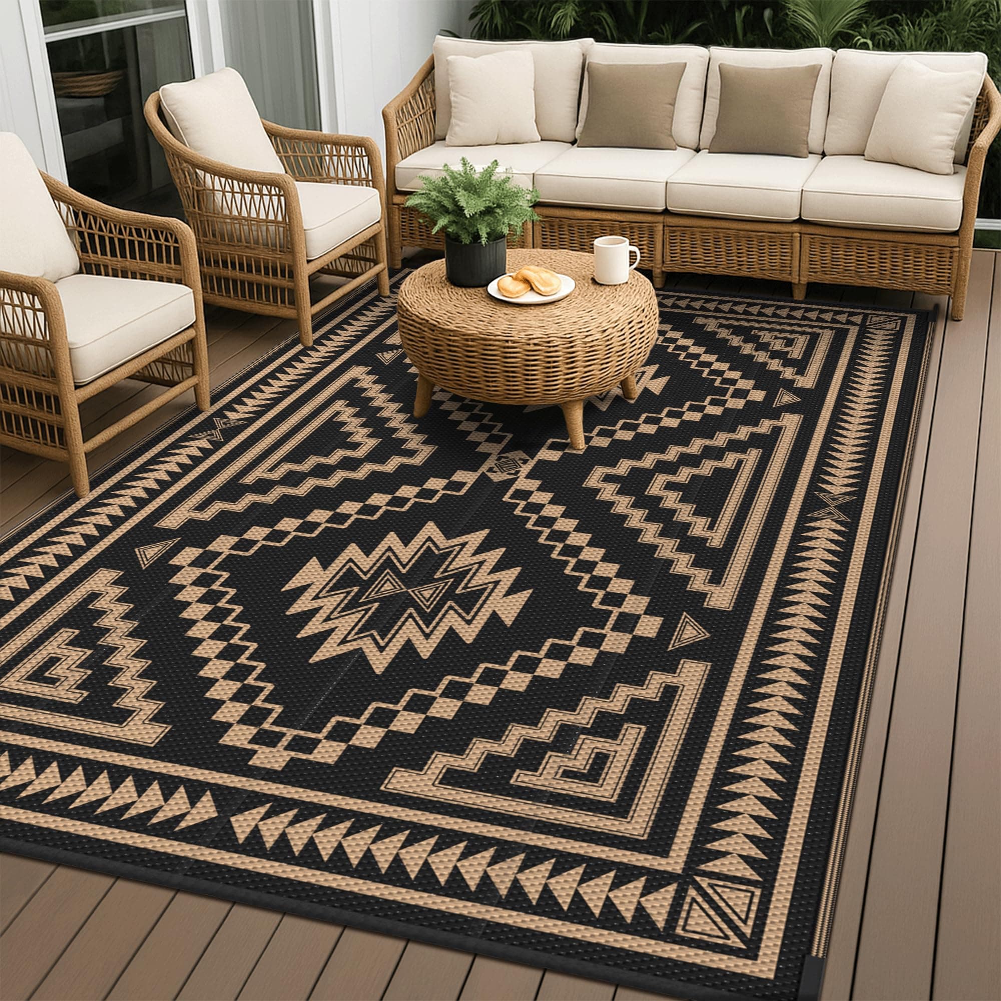 GENIMO Tapis Extérieur Imperméable, Tapis de Camping Lavable pour Jardin, Terrasse, Balcon, Tapis Réversible Résistant aux UV pour Pique-Nique,180x275cm, Motif Losange Noir Brun