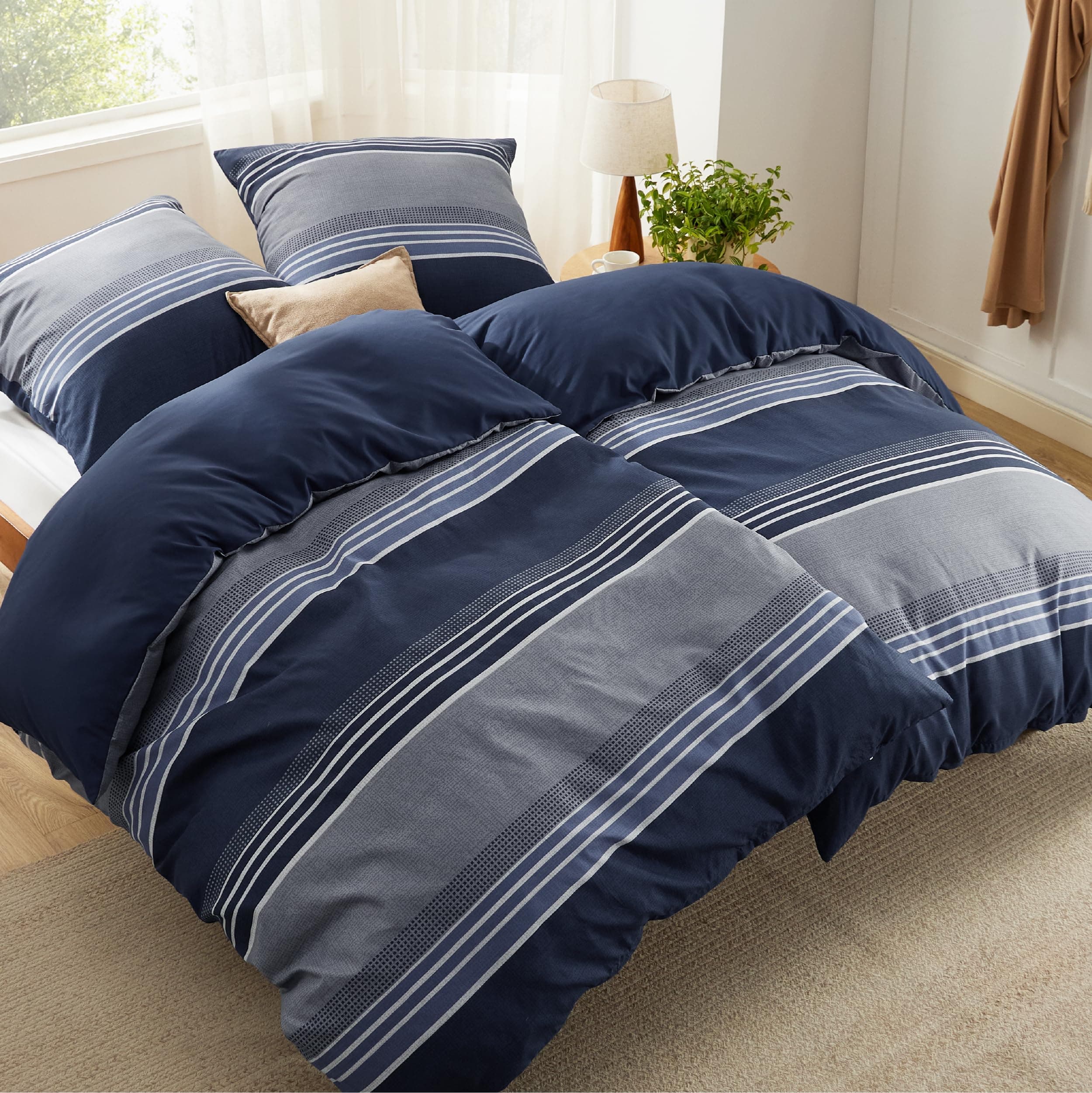 BEDSURE Bettwäsche 135x200 4teilig Bettbezug - Bettwäsche-Sets 135 x 200 cm 2er Set mit 2 Kissenbezüge 80x80cm, ÖKO-TEX Wendebettwäsche Bedding Blau Gestreift Muster mit Reißverschluss