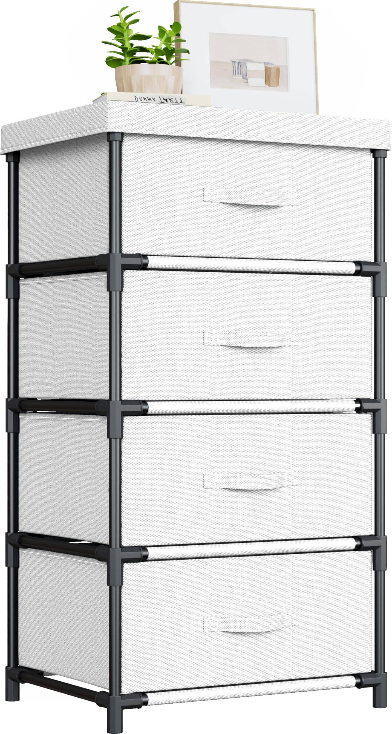 WANGIRL Cassettiera in Tessuto, Struttura in Metallo, Cassettiera Salvaspazio Camera da Letto 4 Cassetti per Soggiorno, Ingresso, Corridoio, Cameretta e Ufficio - Bianco