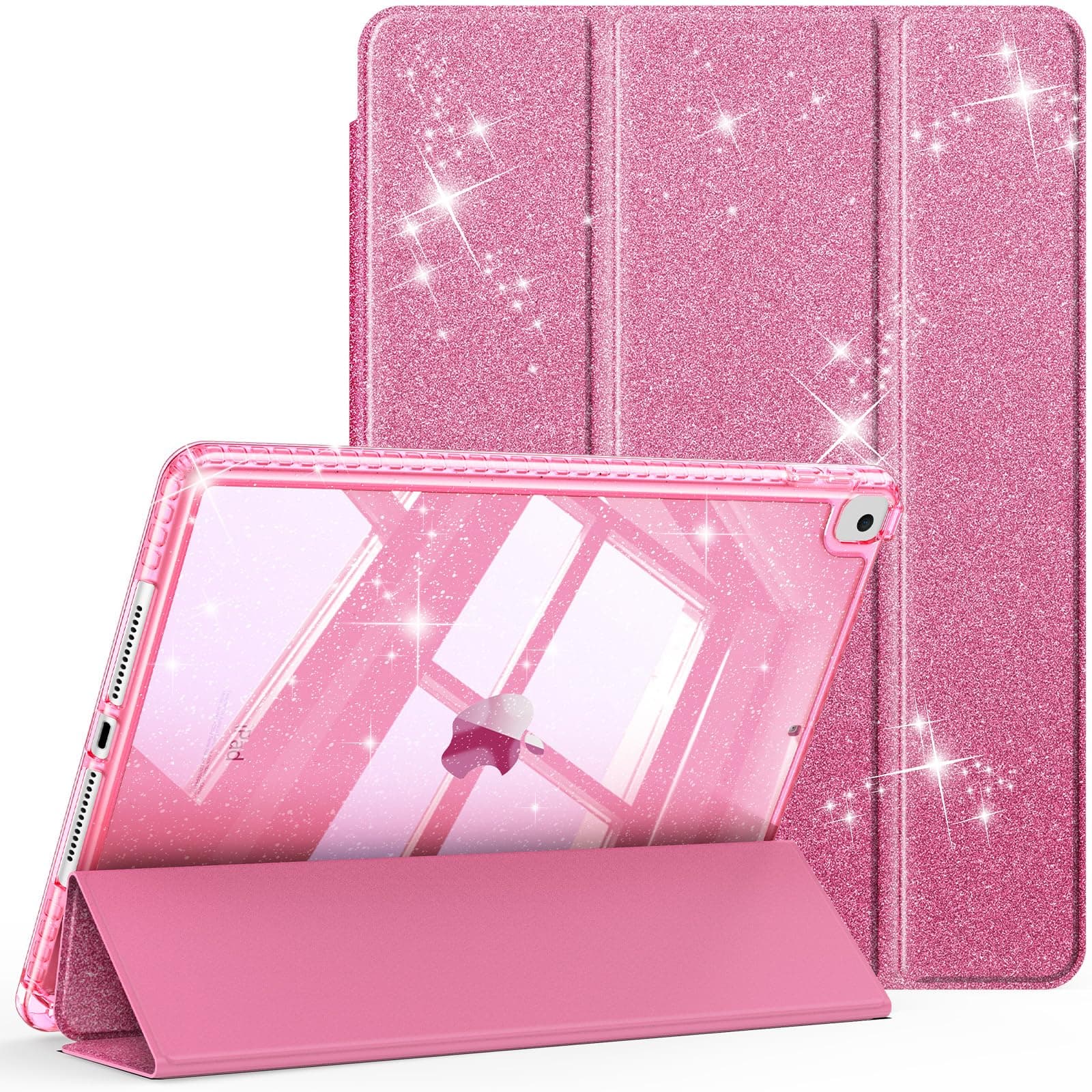 Fintie Glitzer Hülle für iPad 10.2 Zoll 9/8/7 Generation Case (2021/2020/2019 Modell)‌ – Transparente Glitzer-Schutzhülle mit Stifthalter, Stoßfest Glänzender Rückseite & Auto Sleep/Wake, Rosa