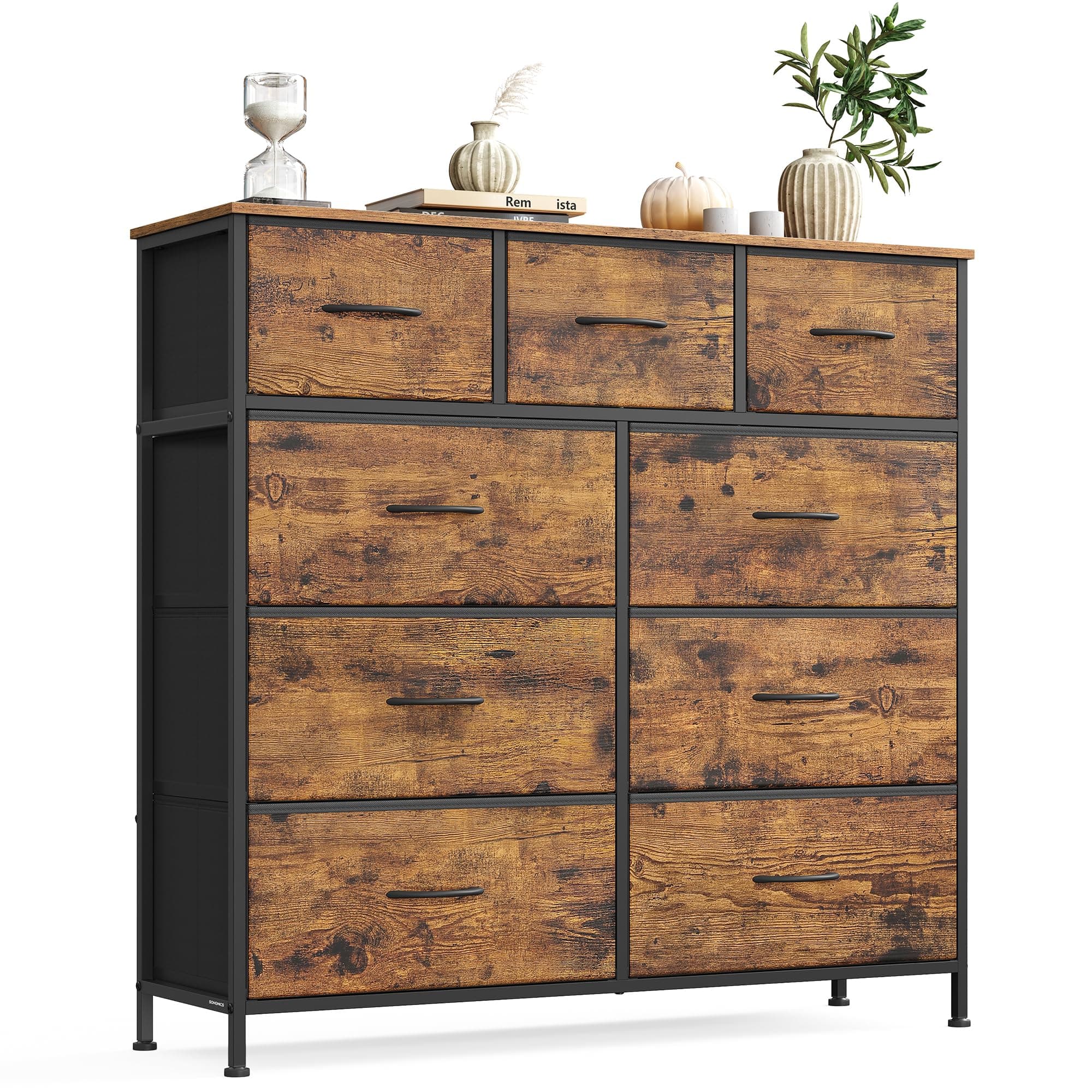 SONGMICS Kommode, Schrank, 9 Stoffschubladen, Aufbewahrungsschrank, Stahl, MDF, Vliesstoff, für Schlafzimmer, Flur, Wohnzimmer, vintagebraun-tintenschwarz LGS324BH04
