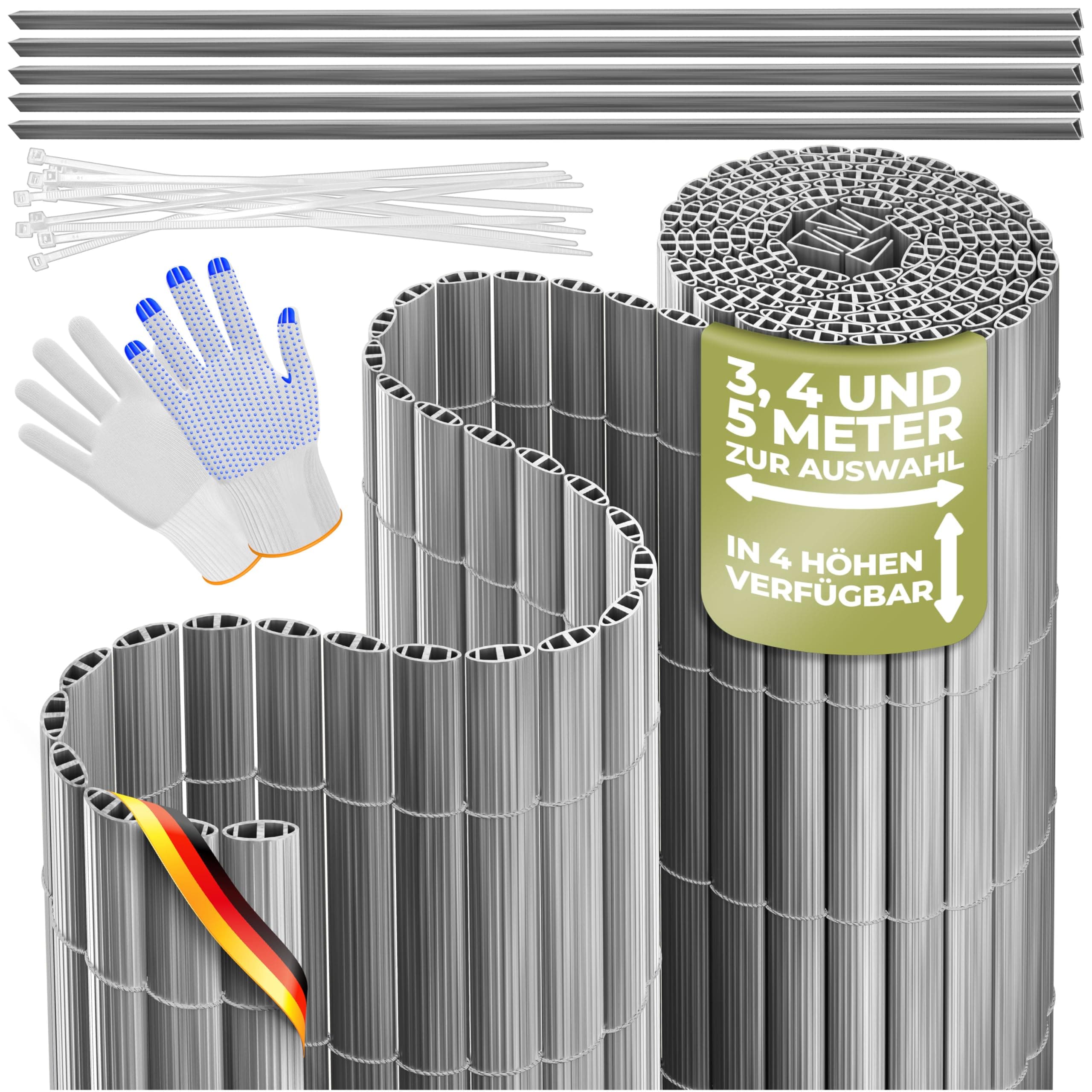 KESSER® PVC Sichtschutzmatte Sichtschutzzaun 80x400cm Balkonverkleidung Windschutz verstärkte Lamellen für Garten Balkon & Terrasse Balkonumrandung inkl Kabelbindern, Abdeckung & Handschuhe Hellgrau