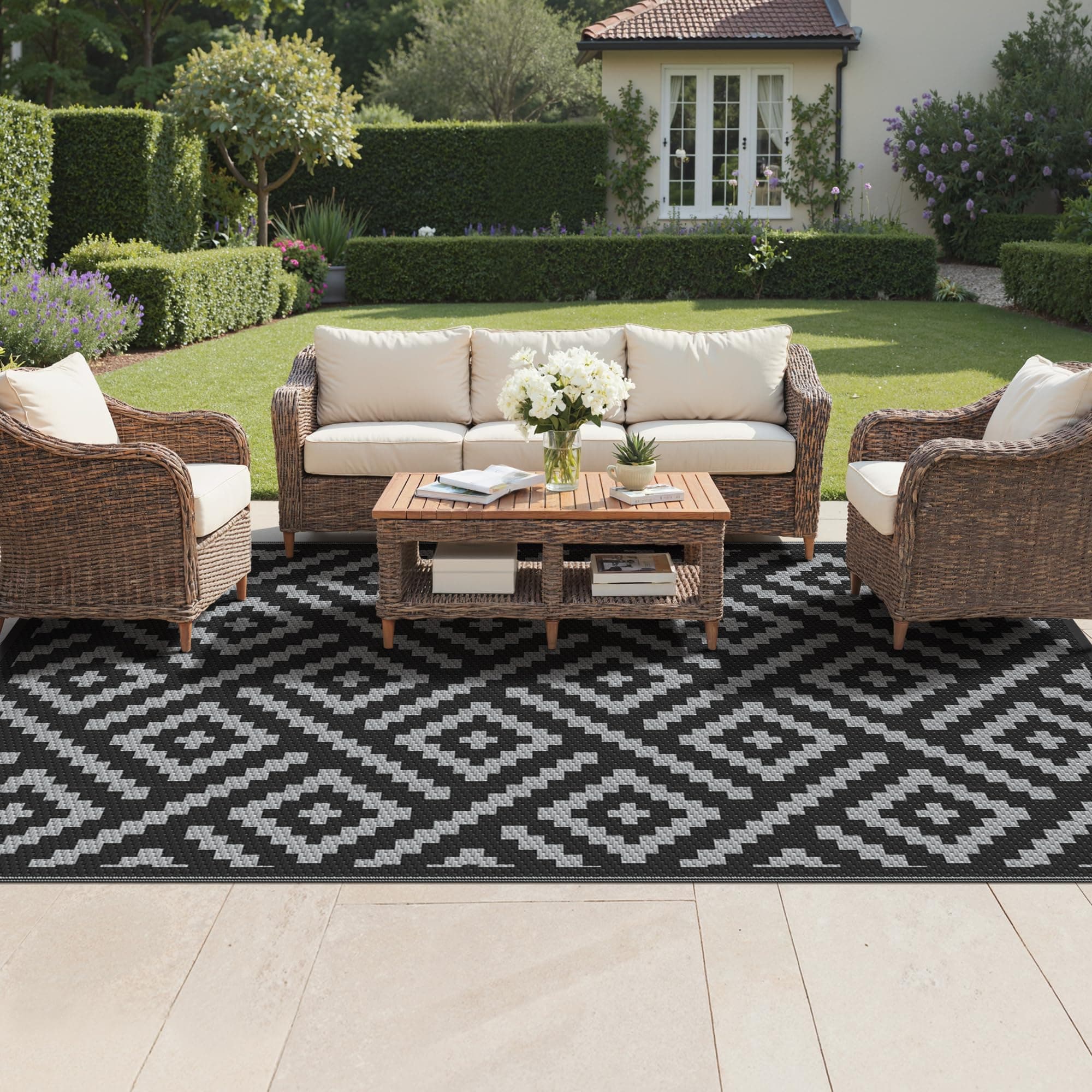 GENIMO Tapis Exterieur Resistant Pluie Terrasse, Reversible Résistant aux UV Tapis Extérieur, Couverture de Pique-Nique Portable pour Jardin, Balcon, Camping, Barbecue, 300x400cm, Noir & Gris