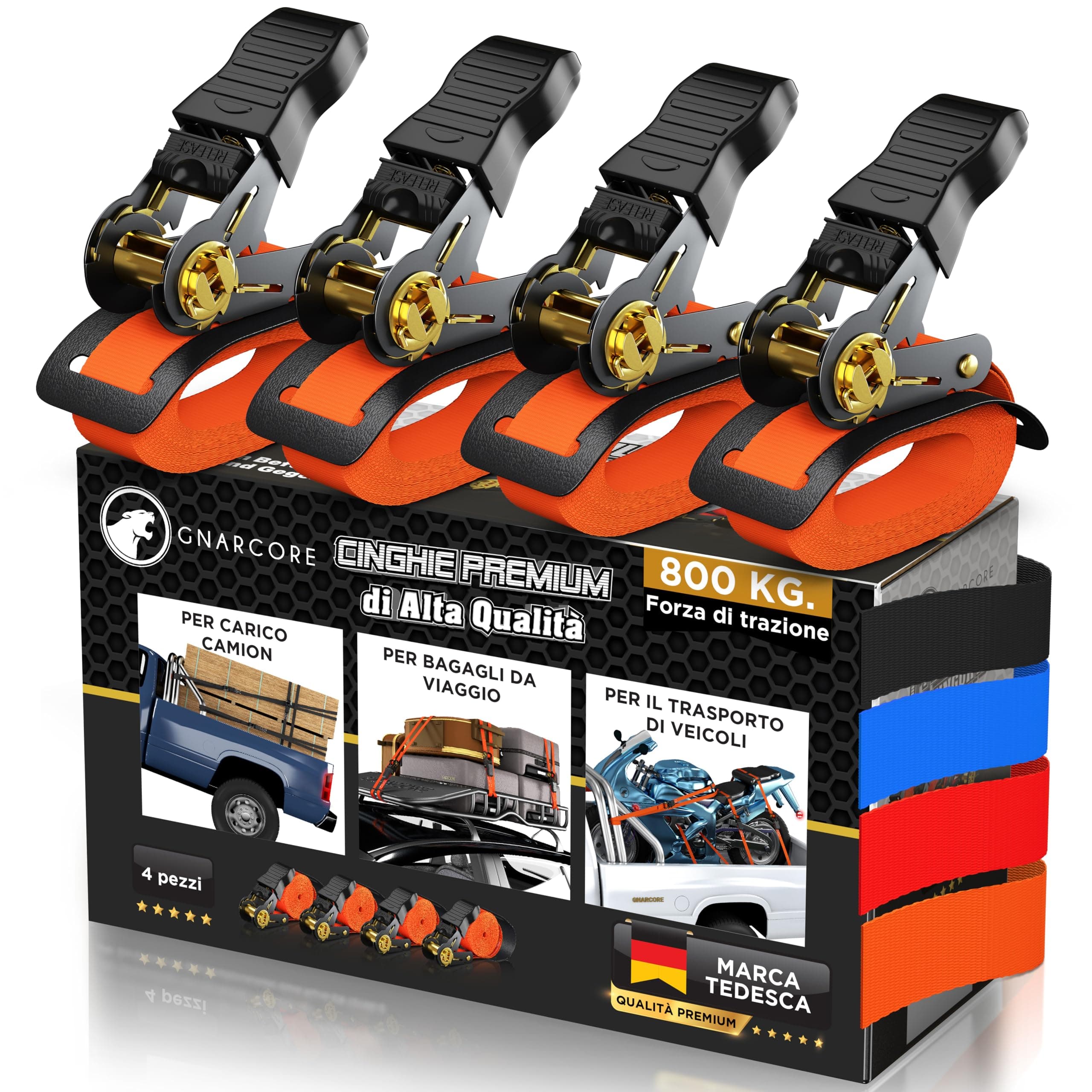 Cinghie di Fissaggio a Cricchetto Premium, Set da 4, Resistenza 800 Kg, Con Borse - Certificato DIN EN 12195-2