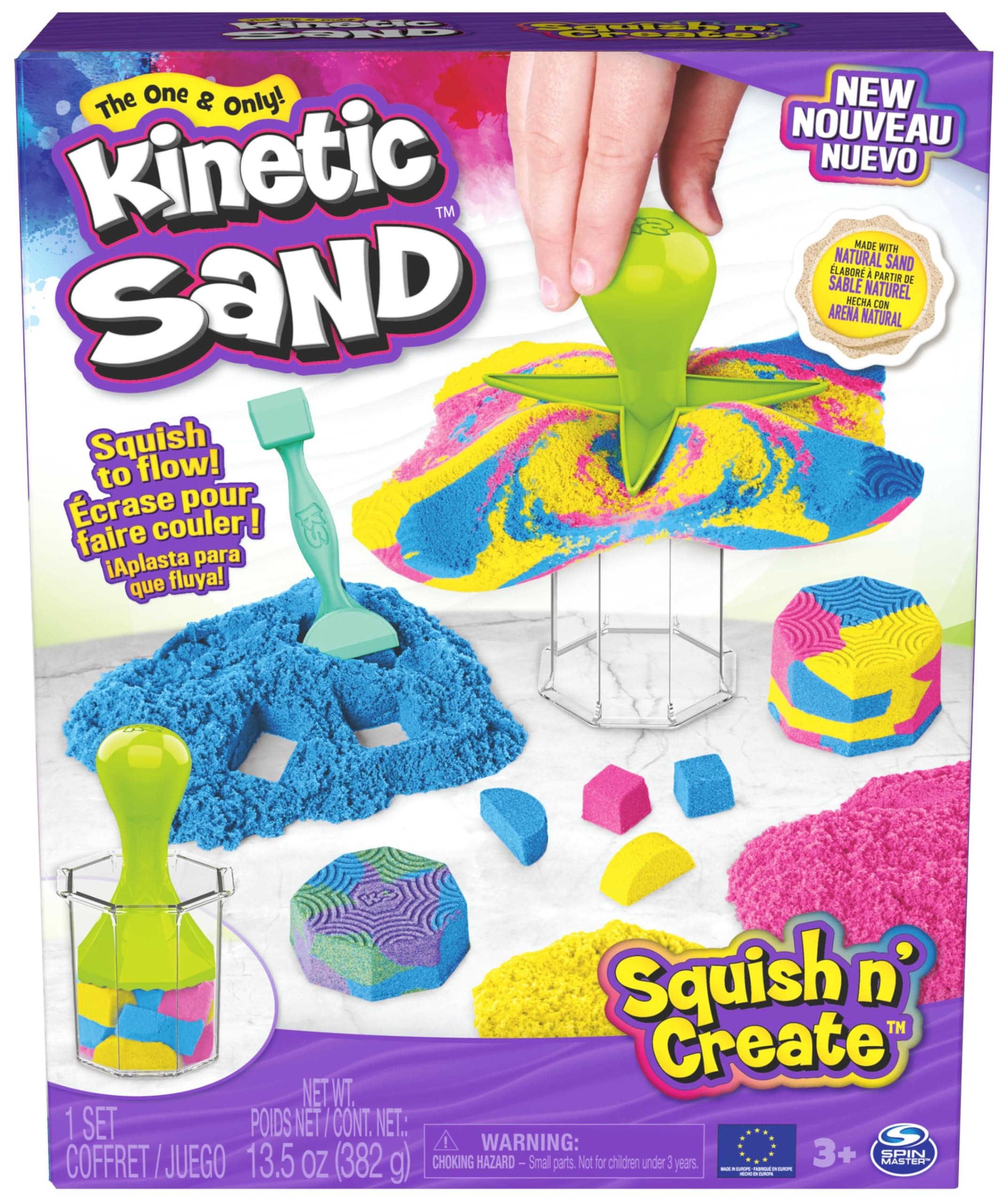 Kinetic Sand Squish N' Create Set - mit 382 g original magischem kinetischem Sand aus Schweden in drei Farben und 5 Werkzeugen für kreatives Indoor-Sandspiel, ab 7 Jahren