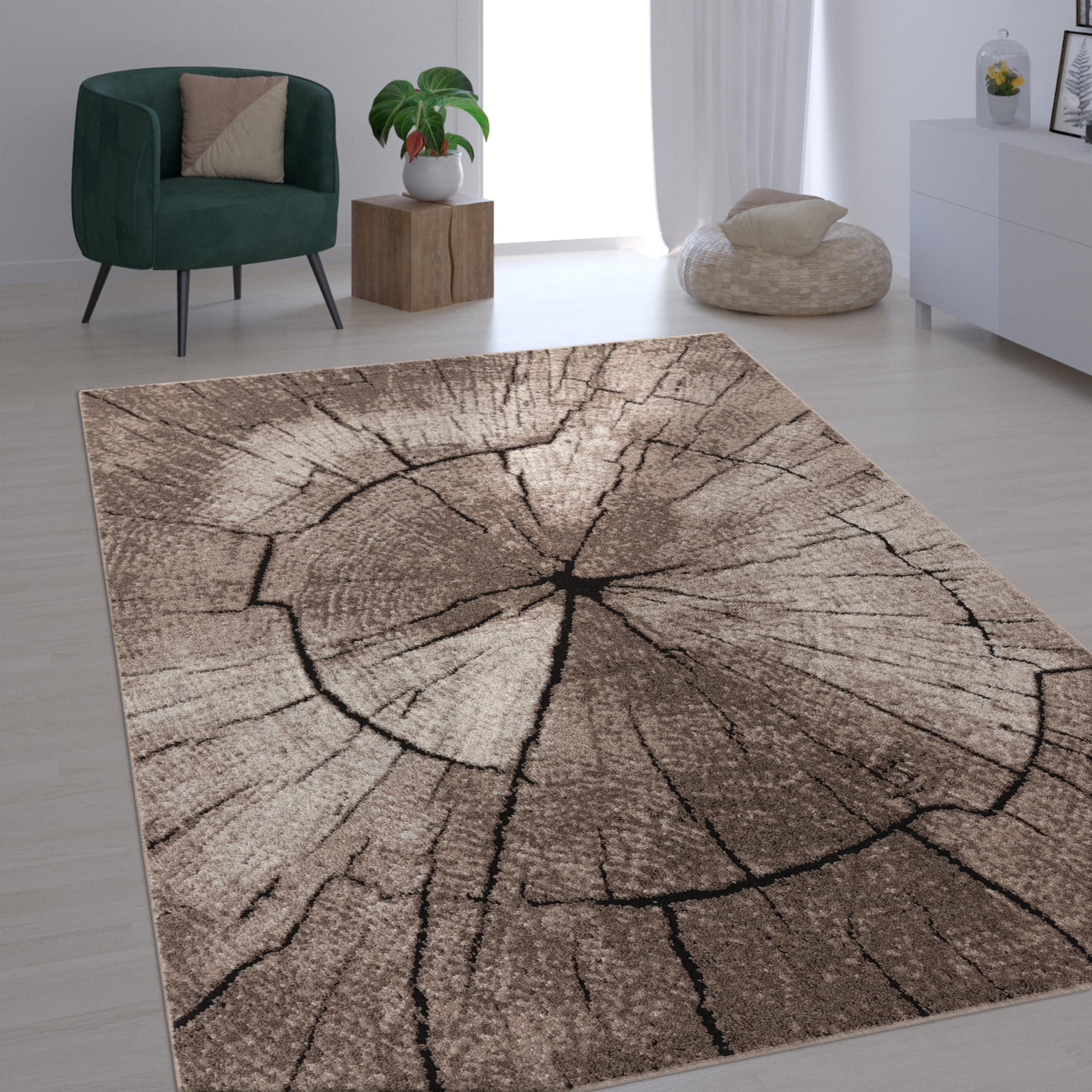 Paco Home Edler Designer Teppich Wohnzimmer Holzstamm Baum Optik Modern Natur Grau Braun Beige, Grösse:140x200 cm