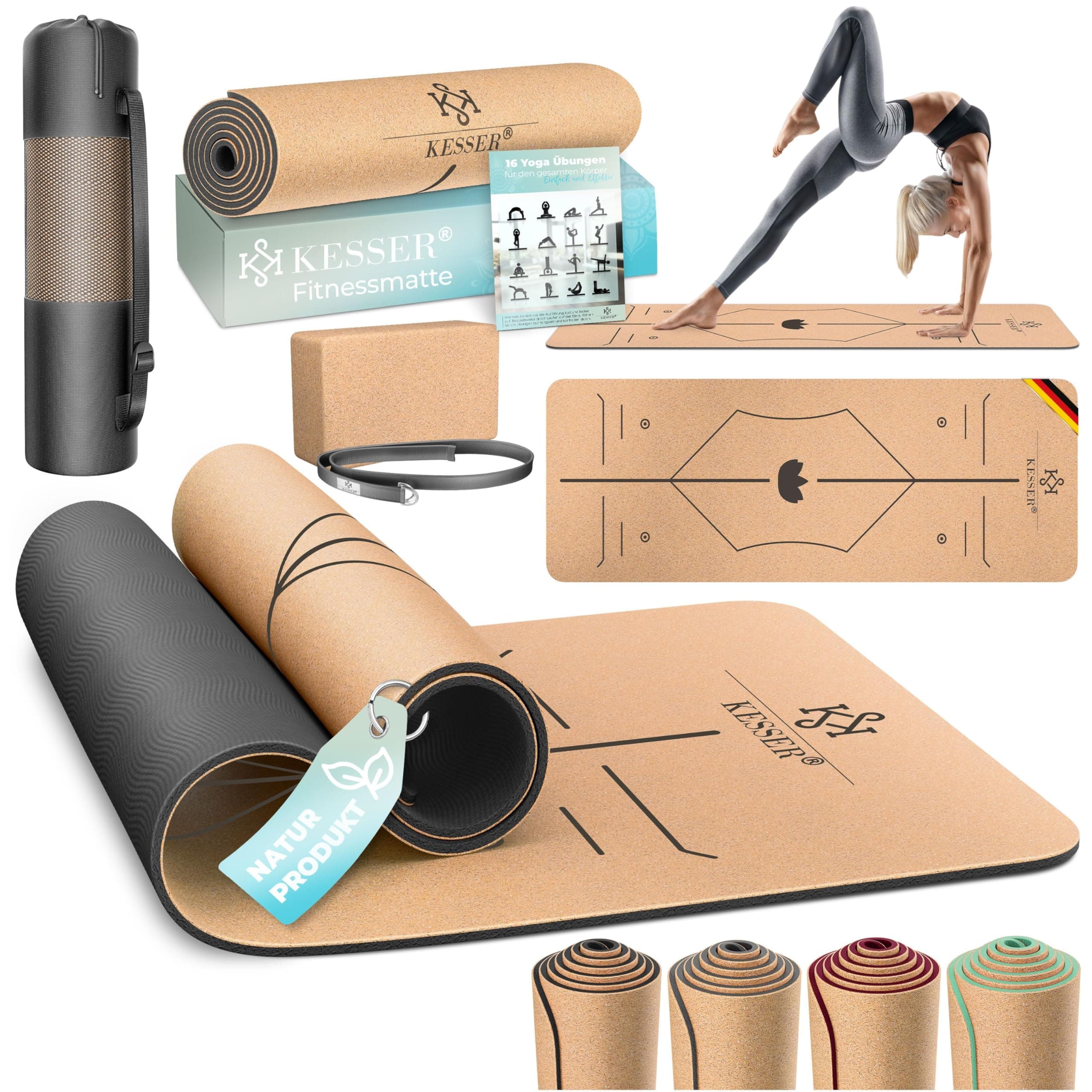 KESSER® Yogamatte Kork Inkl. Tragegurt Tasche & Block Gymnastikmatte - Matte rutschfest aus Naturkautschuk TPE Fitnessmatte, 183 x 62 Trainingsmatte für Fitness Sportmatte, Gymnastik extradick