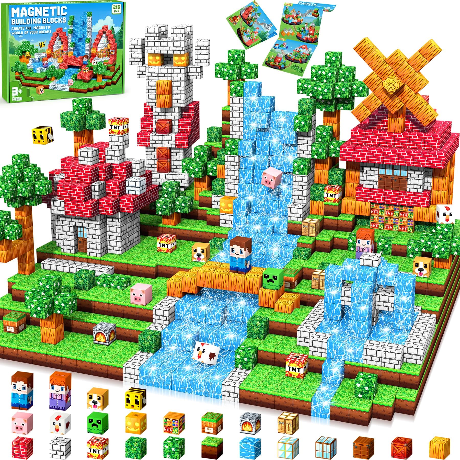 Subtail 216 Piezas Bloques Magneticos Construccion Niños, Construcciones Magneticas Niños,Piezas Magneticas, Juguete Creativo Montessori para 3 4 5 6 7 8 9 10 Años Halloween Navidad Pascua