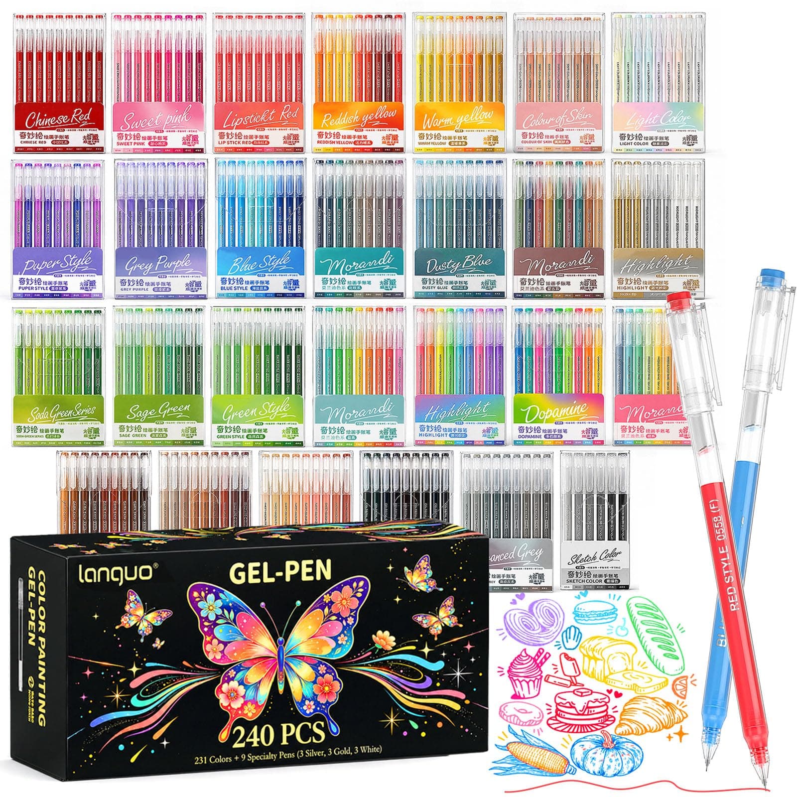Caloryx 240 Stylos Gel pour Coloriage Adulte, Pointe Fine 0,5 mm | 234 Couleurs : 231 couleurs uniques + 9 stylos, dont 3 blancs, 3 argentés et 3 dorés, répartis dans 27 petites boîtes.