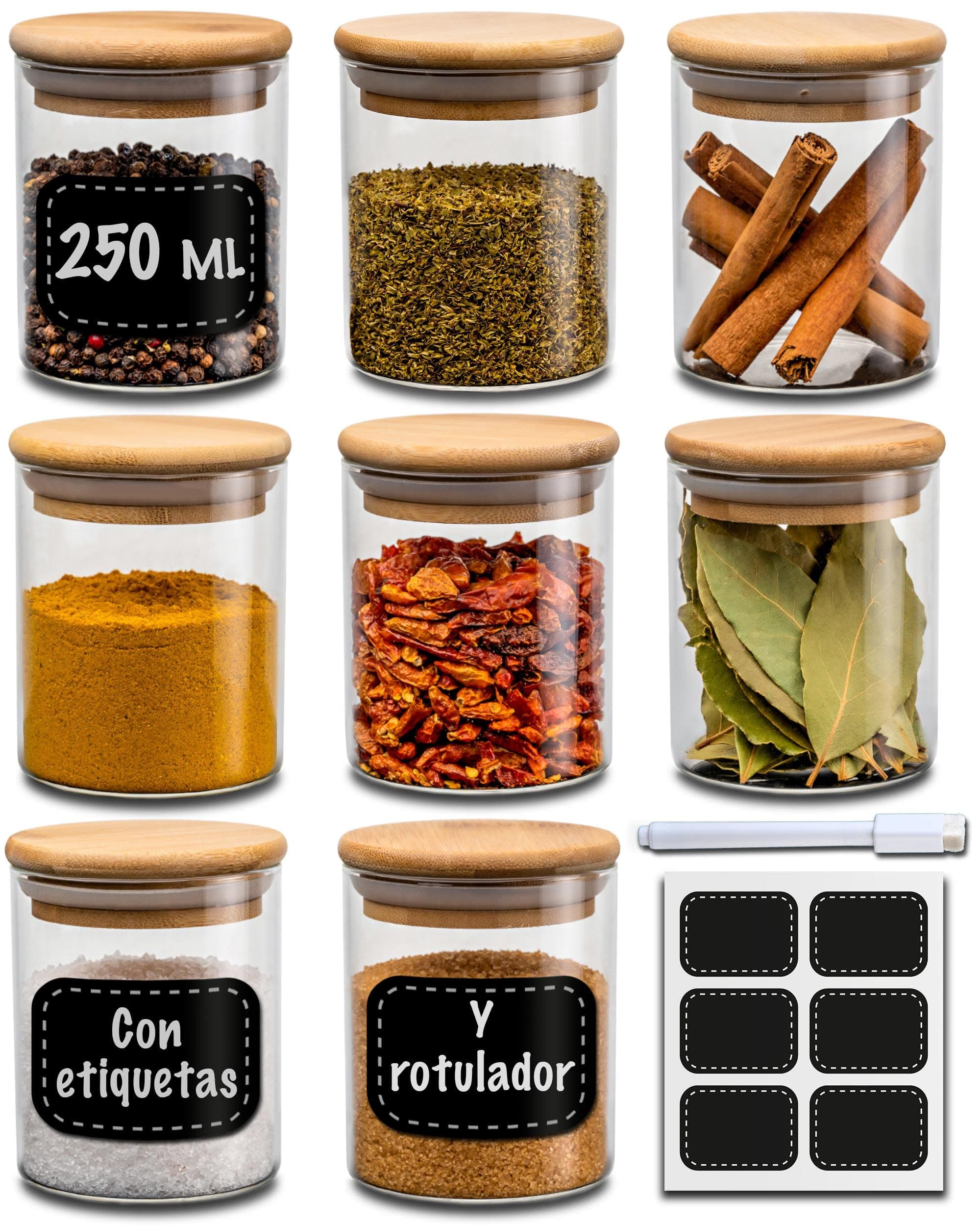Praknu Botes para Especias - Juego 8-250 ml - Rotulador & Etiquetas - Herméticas - Aptos para Lavavajillas - Organizador para Cocina - Hierbas & Té