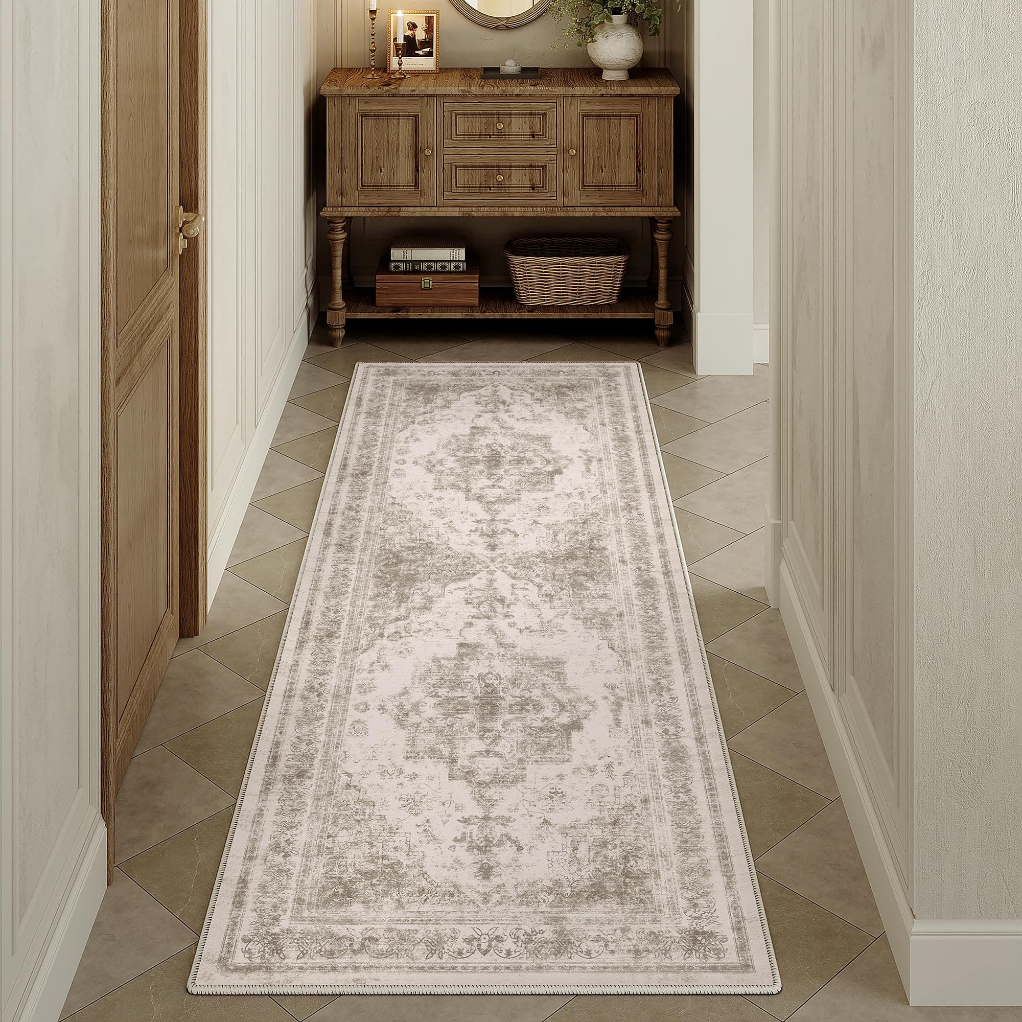 HUGEAR Vintage Passatoia Tappeto Corridoio Beige Tappeti 60x180cm Cucina Antiscivolo Lavabile in Lavatrice Tapette Camera da Letto Scendiletto Cameretta Ufficio Pelo Corto Lungo Carpet