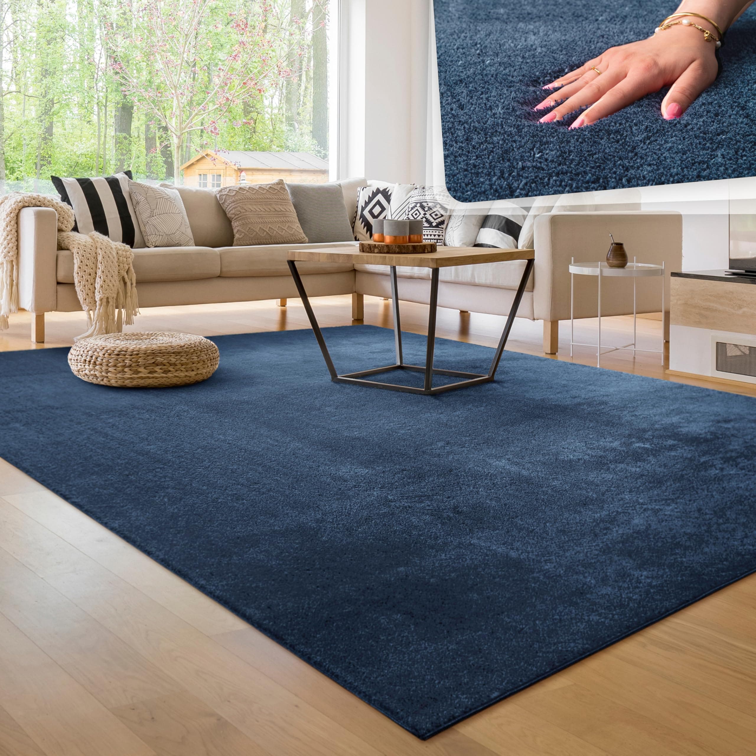 Paco Home Moderner Kuscheliger Wohnzimmer Teppich Kurzflor waschbar flauschig Weich Einfarbig Felloptik zeitlos stilvoll rutschfest pflegeleicht, Grösse:140x200 cm, Farbe:Navy-Blau