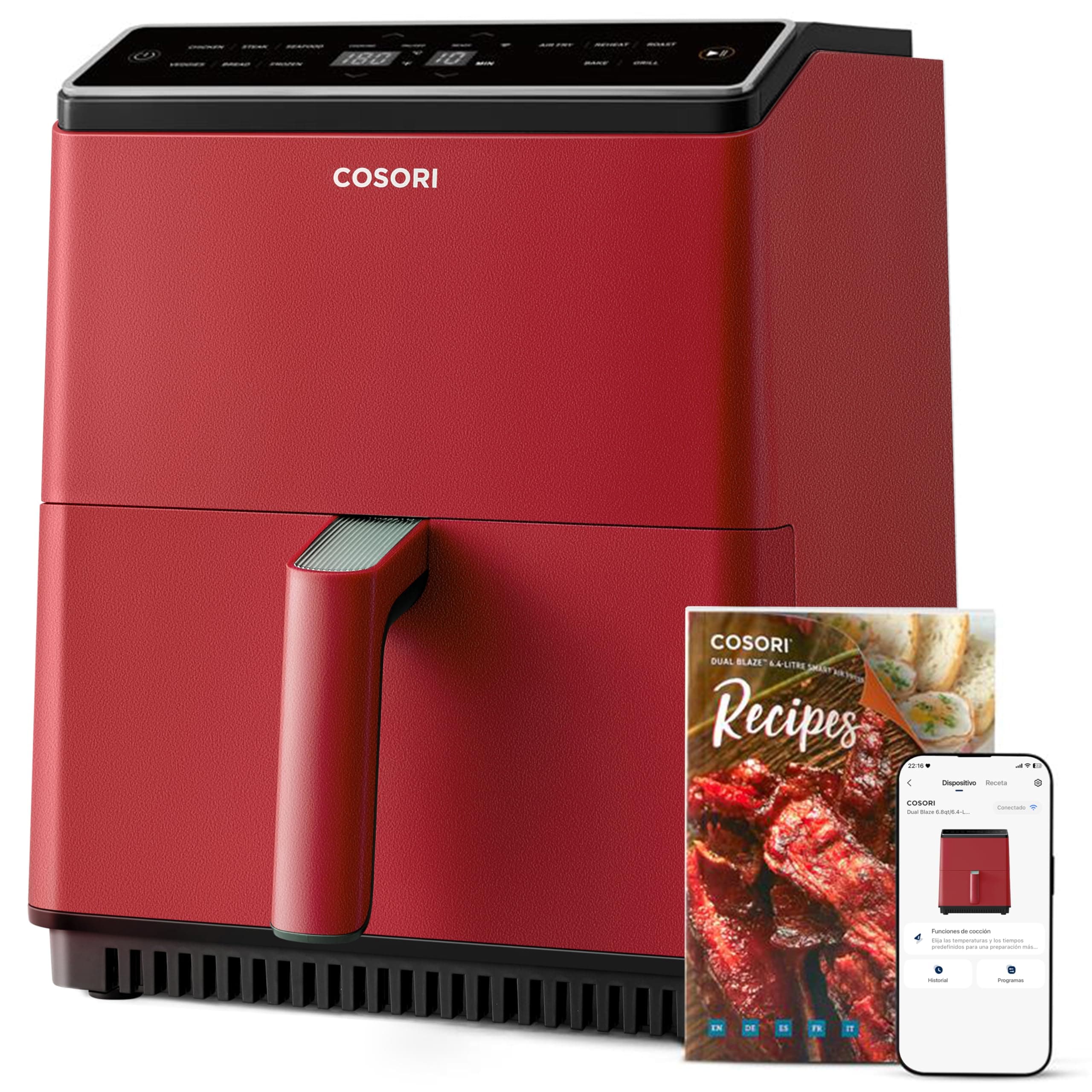 Cosori Dual Blaze Freidora de Aire, Air Fryer 6,4L, 11 en 1, Freidora sin Aceite, Más de 90 Recetas en la App Creadas por Chef en Español, Roja, con Doble Resistencia,CAF-P585S