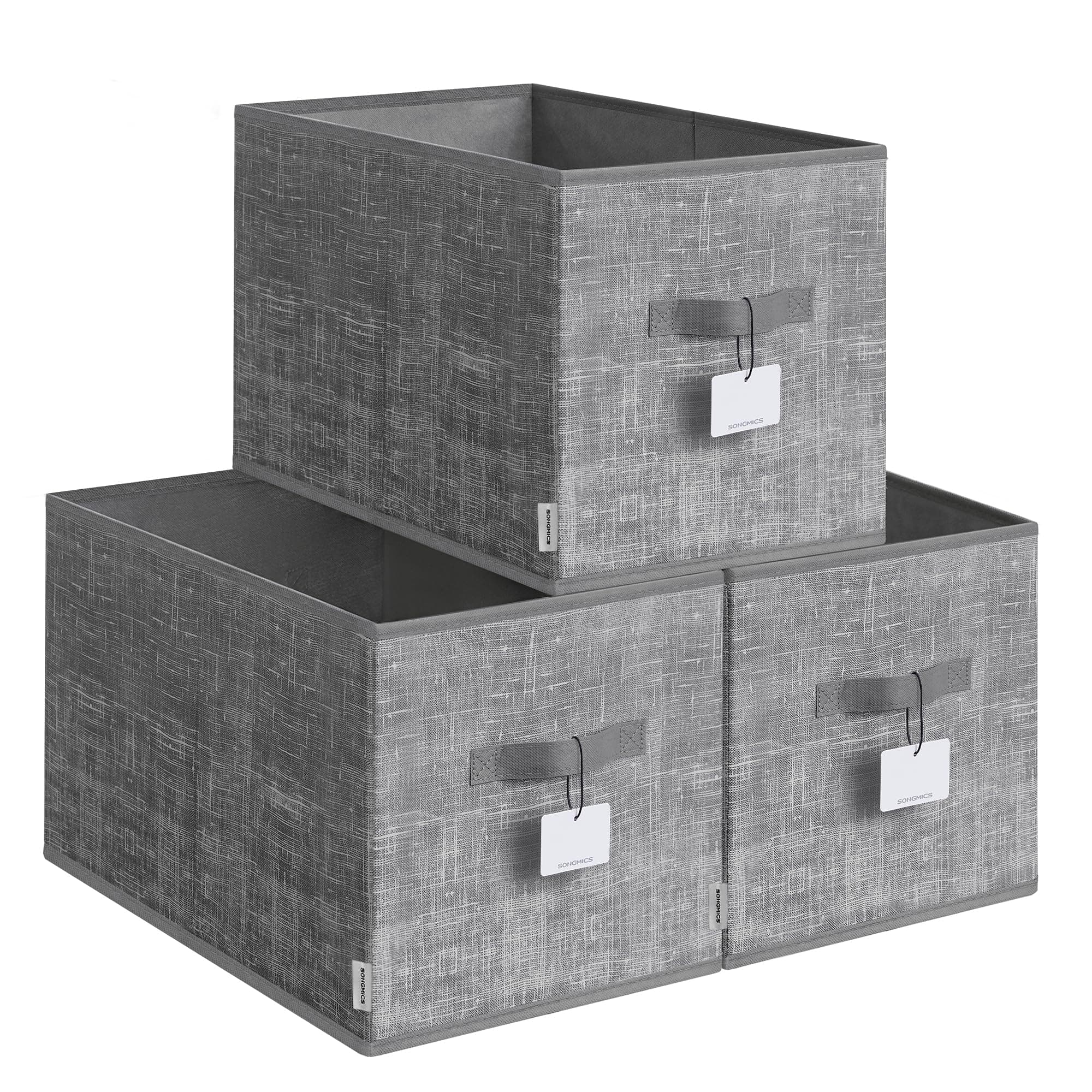 SONGMICS Aufbewahrungsbox 3er Set, zusammenklappbar, Stoffboxen aufbewahren, 50 x 30 x 30 cm, für Kleiderschrank, 2 Griffe, Etikette, für Schlafzimmer Wohnzimmer, schilfgrau ROB450G01