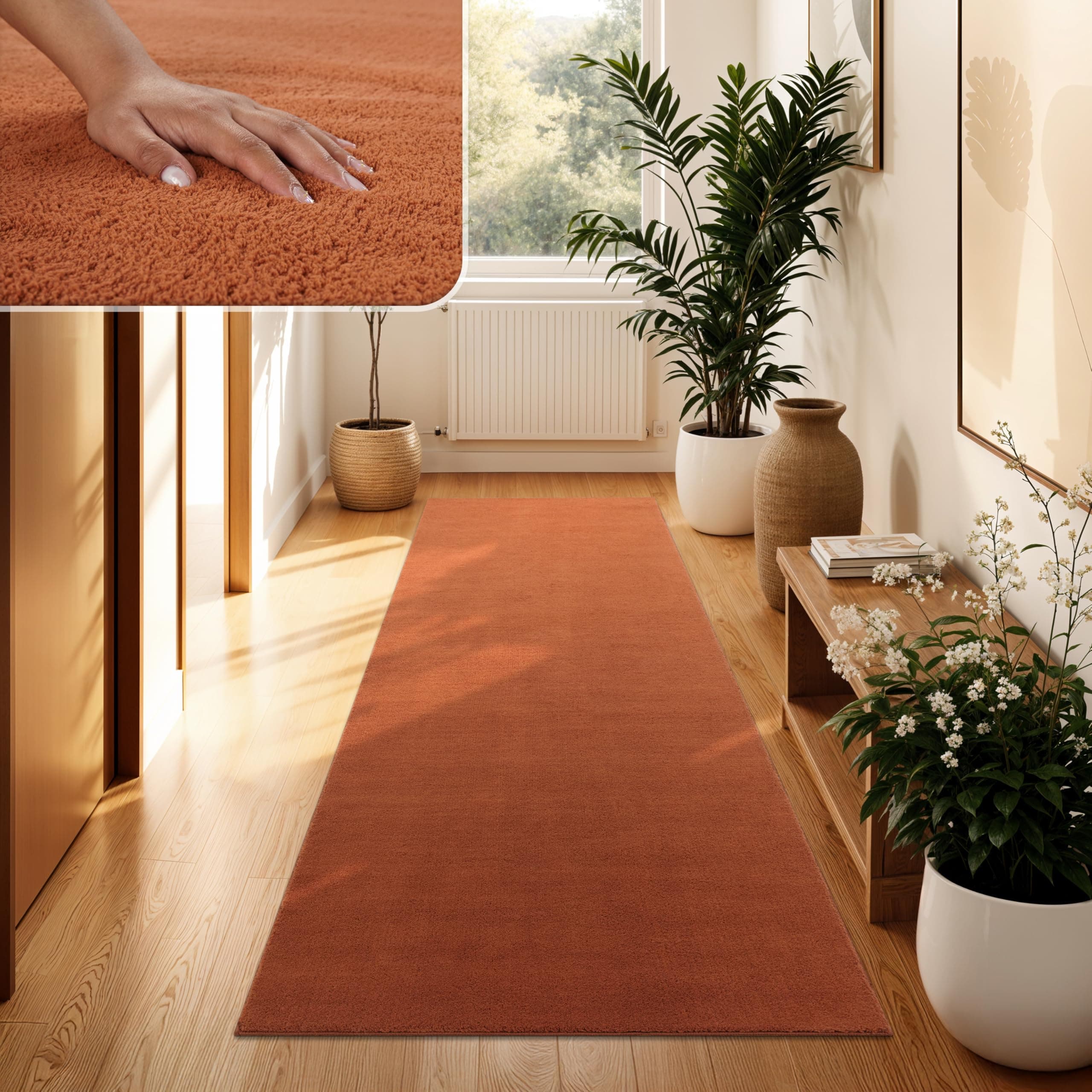 Paco Home Moderner Kuscheliger Wohnzimmer Teppich Kurzflor waschbar flauschig Weich Einfarbig Felloptik zeitlos stilvoll rutschfest pflegeleicht, Grösse:80x150 cm, Farbe:Kupfer