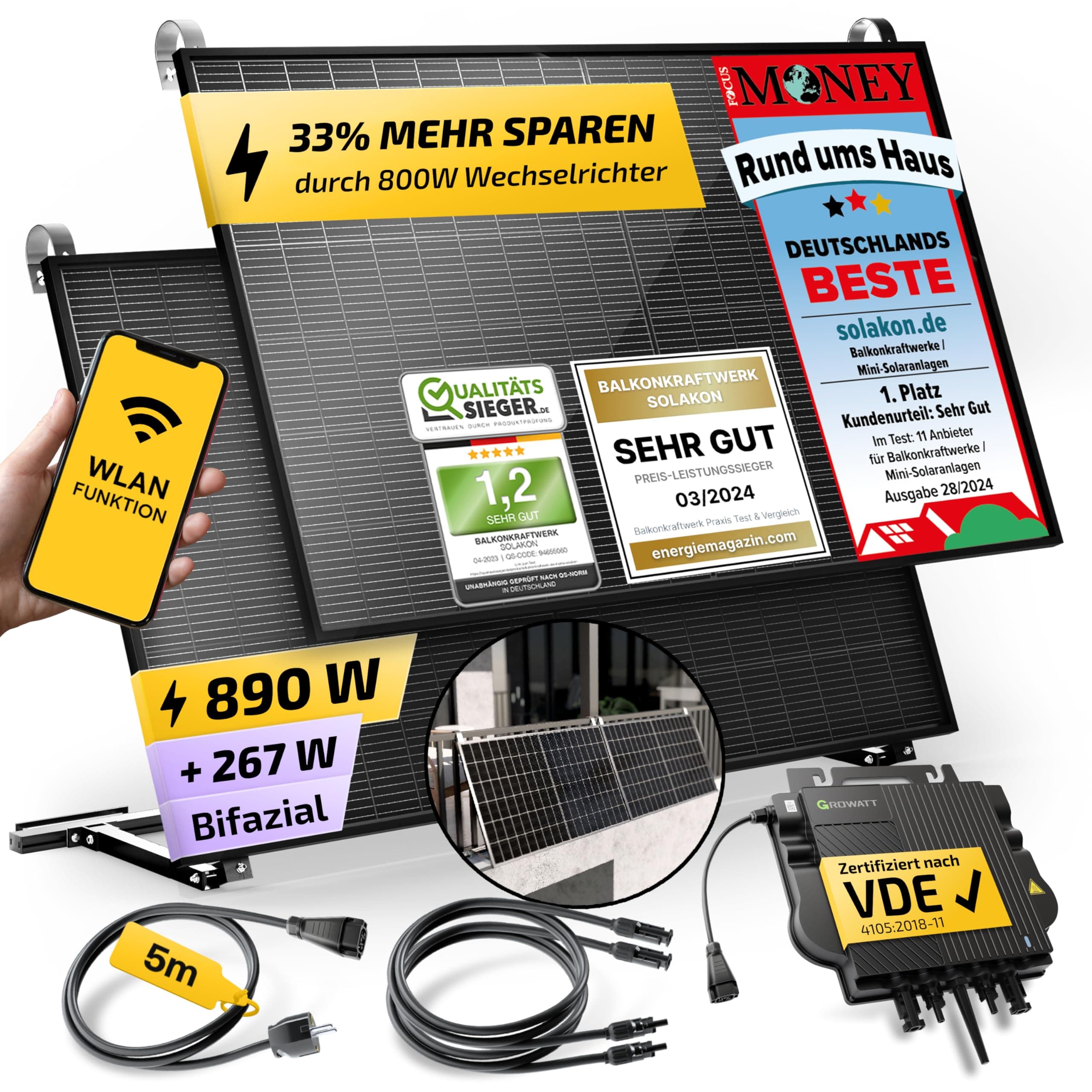 Solakon 900W Balkonkraftwerk mit Halterung (Balkon) - Balkonkraftwerk 800W komplett Steckdose - 800 Watt Wechselrichter - Solaranlage Komplettset - 450W bifaziale Solarmodule inkl. Zubehör - 5m Kabel