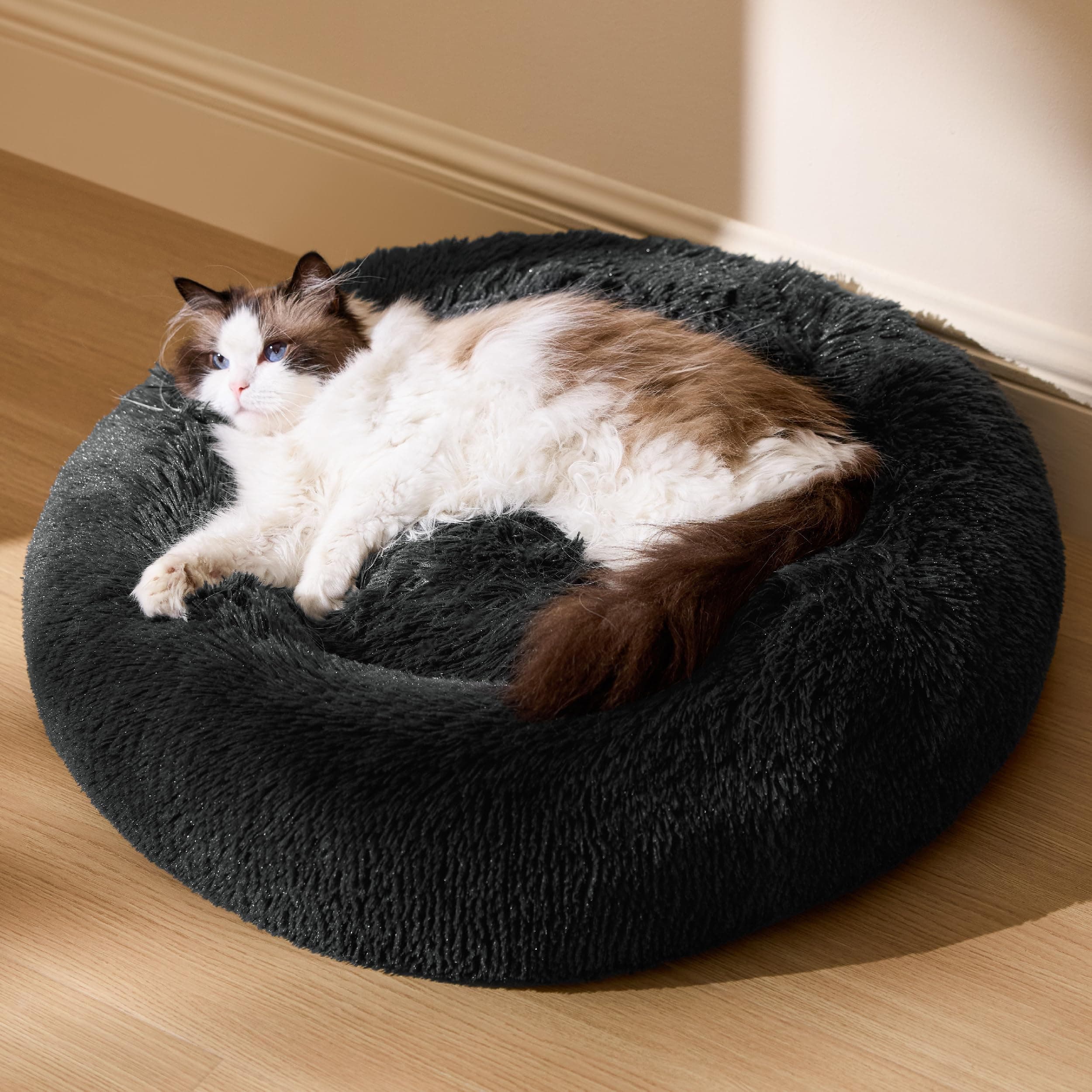 BEDSURE Katzenbett waschbar Flauschiges Hundebett - Ø 50 cm Rund Kissen, Katzenschlafplatz für Katzen Kleine Mittelgroße Hunde, Plüsch Katzenkissen Rund Kuschelbett Katzen Bettchen, Dunkelgrau