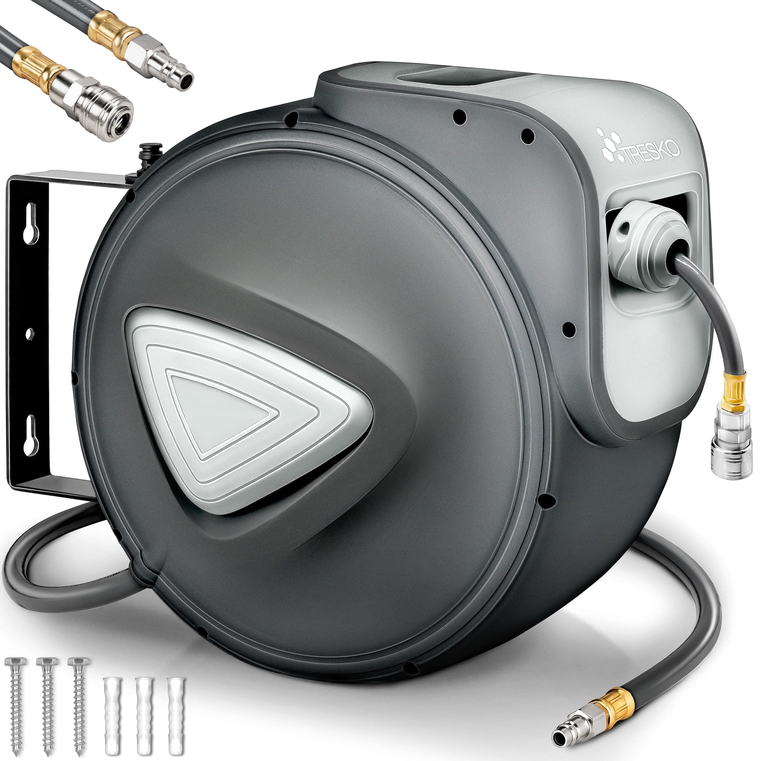TRESKO® Avvolgitubo Aria Compressa 20 mt con Tubo | Avvolgitubo Pneumatico attacco 1/4" | Dispositivo di Arresto Automatico e Riavvolgitore Automatico, Grigio