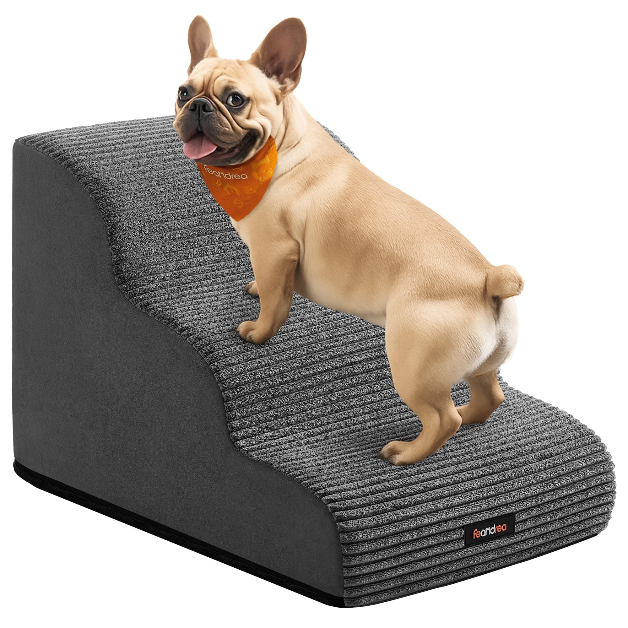 Feandrea Hundetreppe, 3 Stufen, Cord mit Querstreifen, Haustiertreppe, für Bett, Sofa, wasserdicht, rutschfest, geringe Neigung, Abnehmbarer waschbarer Bezug, Griff, schiefergrau PPS003GN01